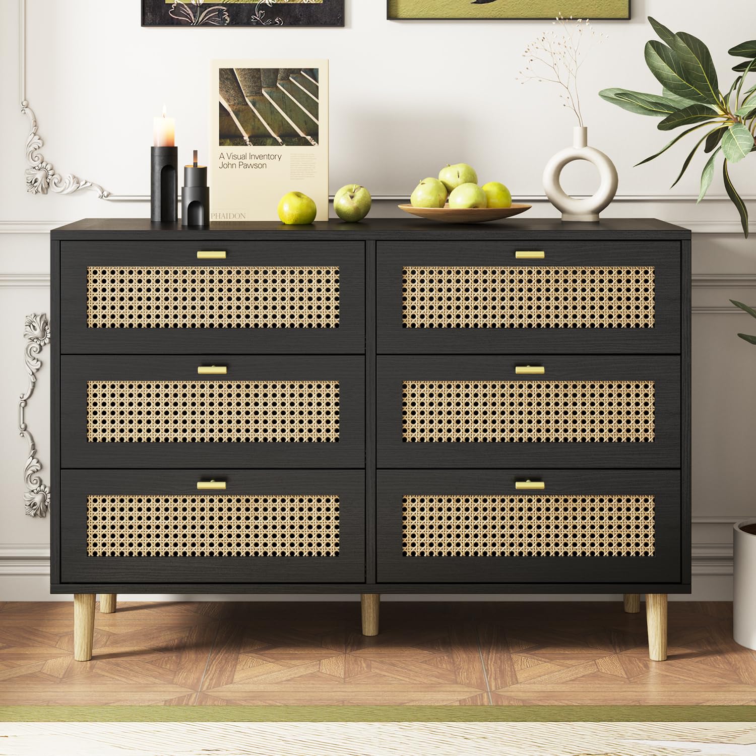 Amazon.com: JFHID Black Rattan Dresser, 6 Drawer Mid Century Modern ...