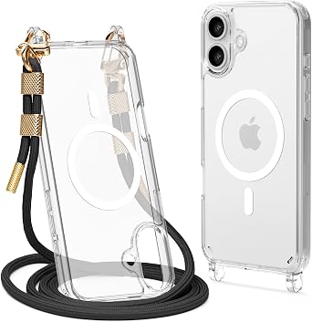Magnetic Clear Case Compatible with iPhone 16 Case Crossbody Anti Lost Strap Shockproof Protective Lanyard Phone Case Black