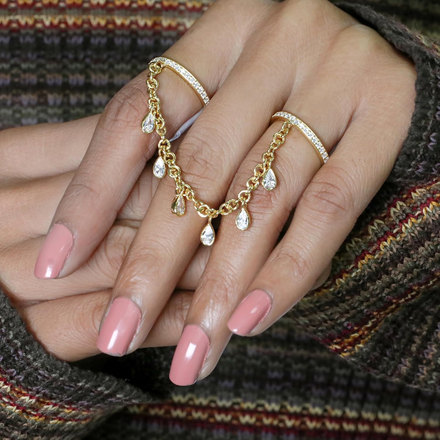 Memoria Jewels 925 Sterling Silver Gold Plated Double Ring Band with Chain & Zirconia Drops for Women | Fashion Statement Ring | Valentine’s Day Gift for Wife, Girlfriend.