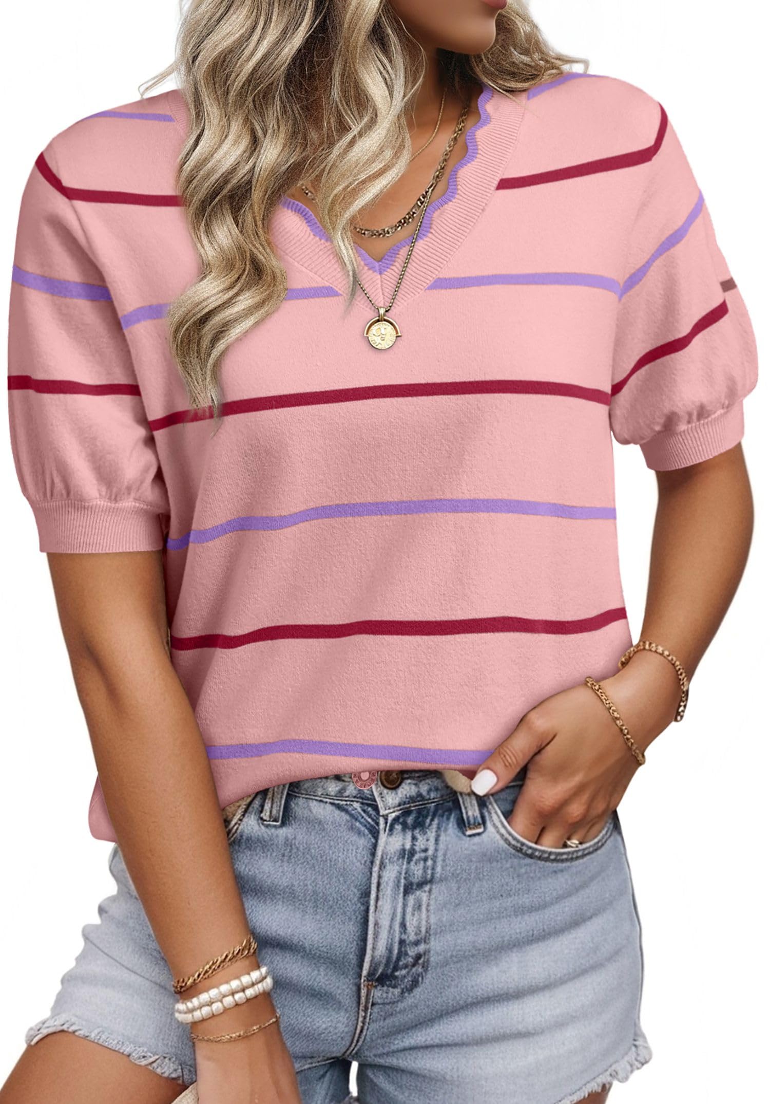 Dokotoo Womens Summer Short Sleeve Knit Tops 2026 Spring Trendy Casual V Neck Striped Sweater Blouses