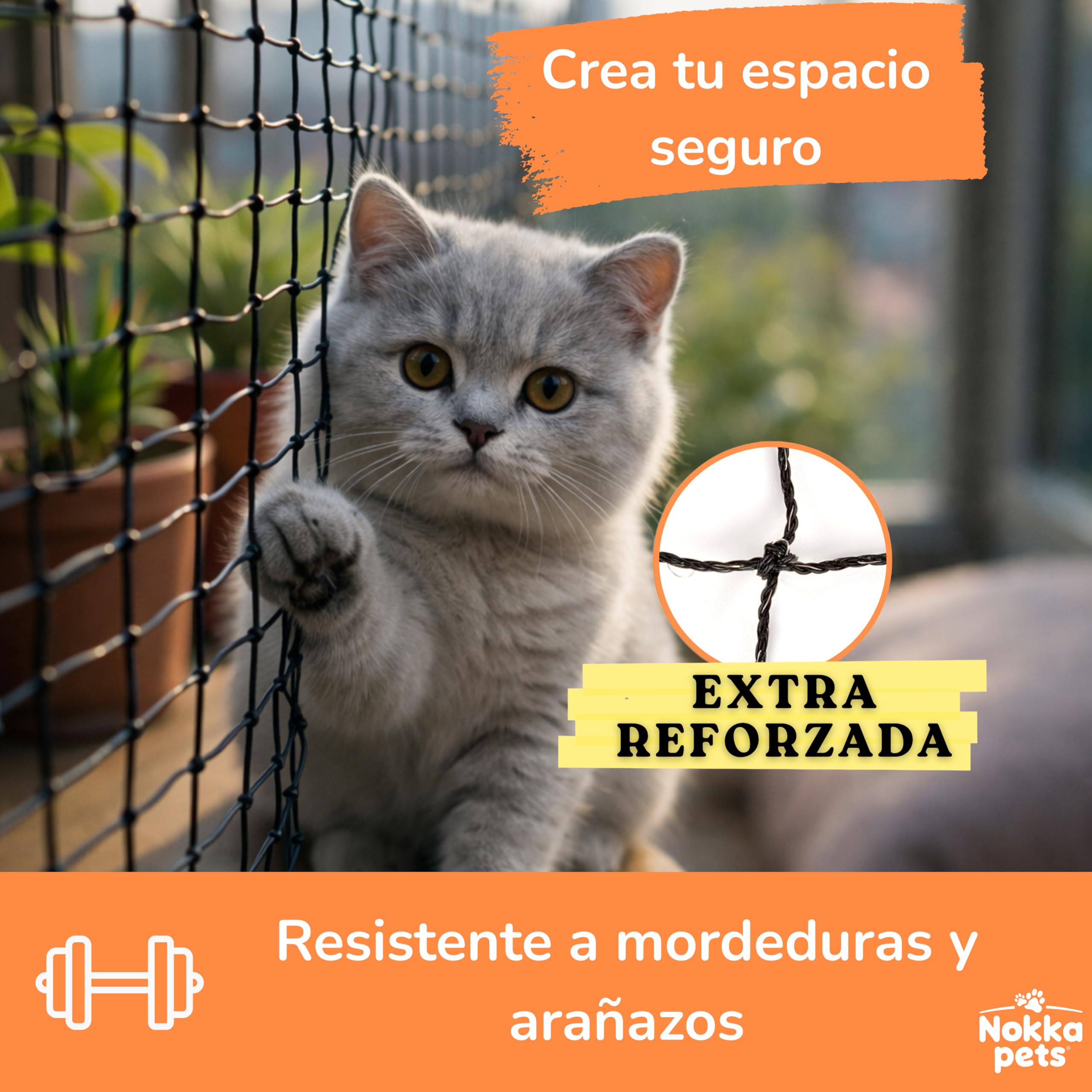 Red Gatos Terraza 4x3m - Reforzada con Alambre – Kit de Instalación Incluido – Máxima Seguridad Anticaídas para Balcón, Terraza y Ventanas – Red para Gatos UV Resistente Gatos Curiosos