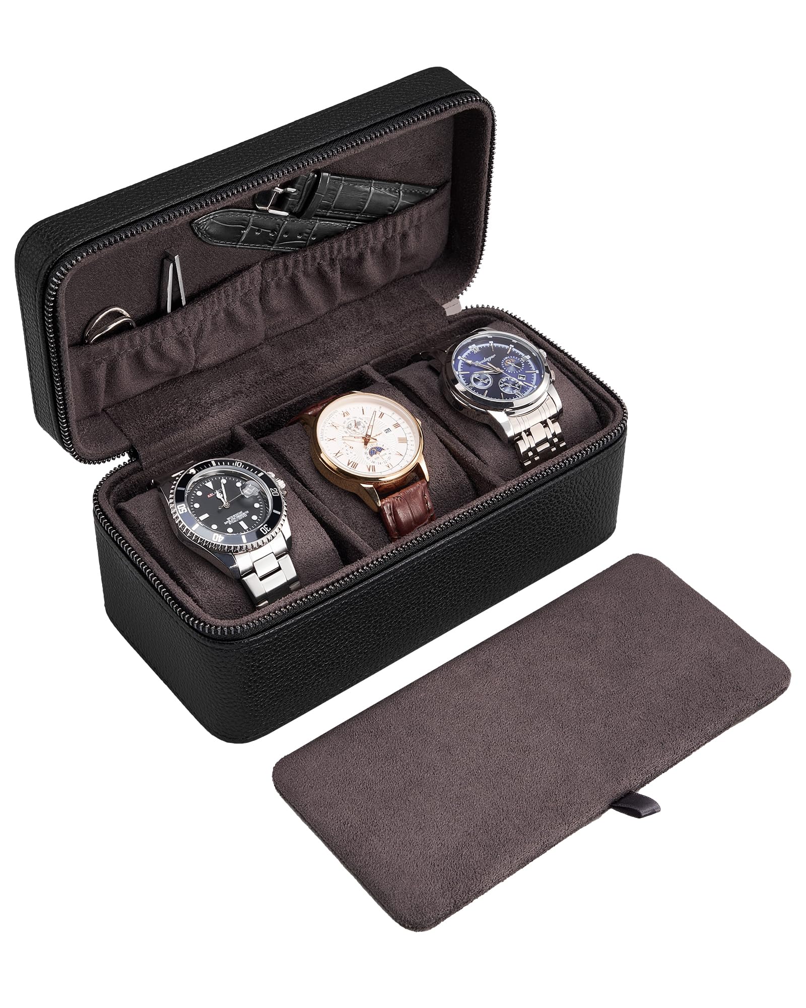 ProCase Scatola Porta Orologi Uomo 3 Posti, porta Orologi da Viaggio in pelle PU, Custodia da Viaggio per Orologi e Anelli, Ideale per Regalo -Nero
