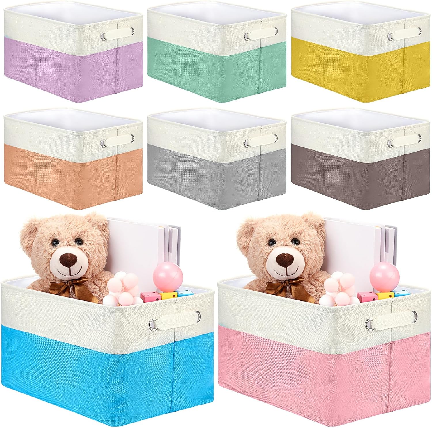 Boao 8 Pcs 15 x 11 Inch Fabric Storage Bins for Shelves, Collapsible Linen Cube Storage Baskets with Handles, Fabric Organizers for Closet, Books, Toys, and Home