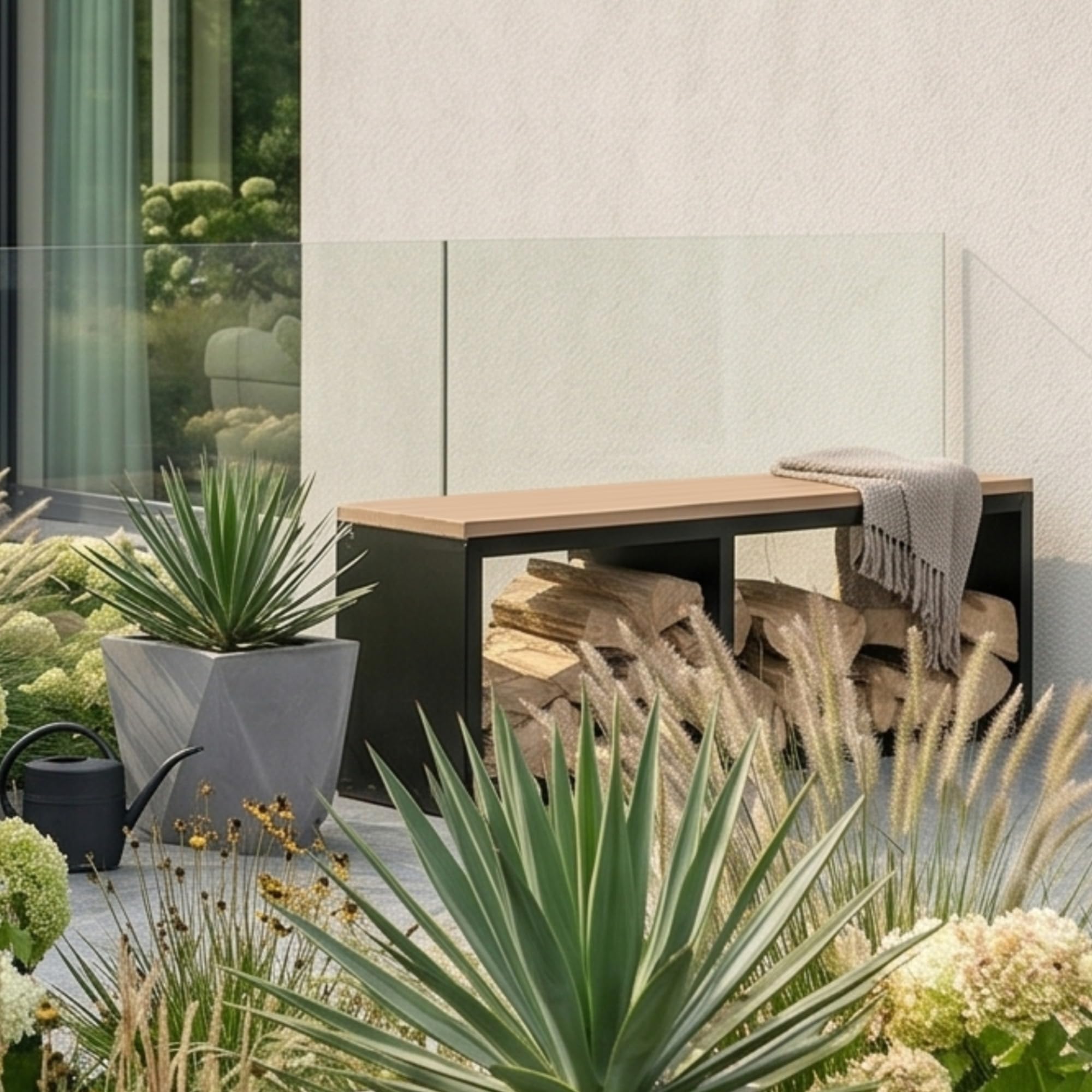 osoltus Brennholzregal Brennholzlager mit Bank 102cm x 35cm x 40cm indoor & outdoor Metall schwarz // holzoptik hochwertig | 2 Fächer