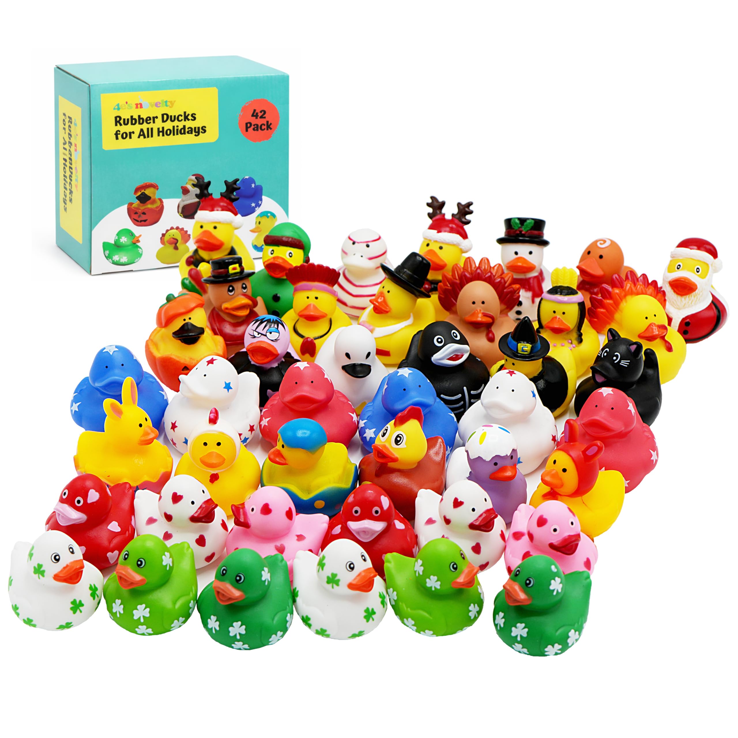 4E's Novelty Rubber Ducks for All Holidays, Bulk Pack of 42 - Includes 6 of Each Holiday, Valentines Day Rubber Ducks, St Patricks Day Duckies, Bath Toys for Kids, Gift for Jeep Owners, Jeep Ducking
