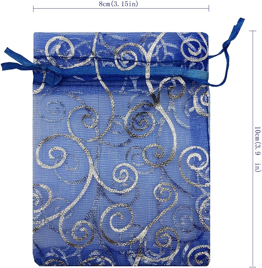 100pcs Sheer Organza Favor Bags For Wedding Baby Shower Rattan Print Gift Bags Samples Display Drawstring Pouches (3x4 inch, blue) - Image 3