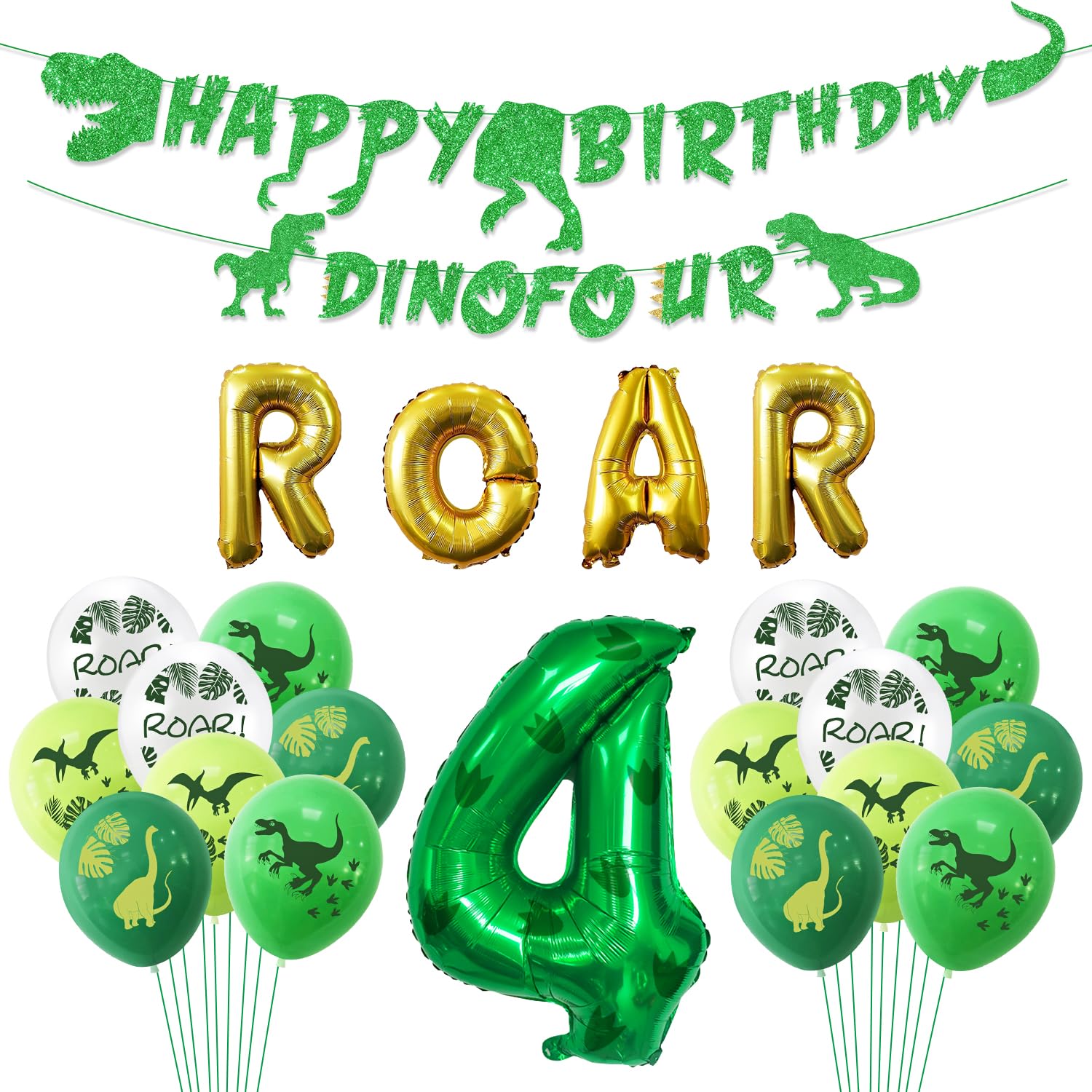 Dino Four Birthday Party Decoration, 4th Dinosaur Birthday Decorations, Dino Four Banner, Roar Balloons for Boys Kids 4th Dinosaur Party Supplies