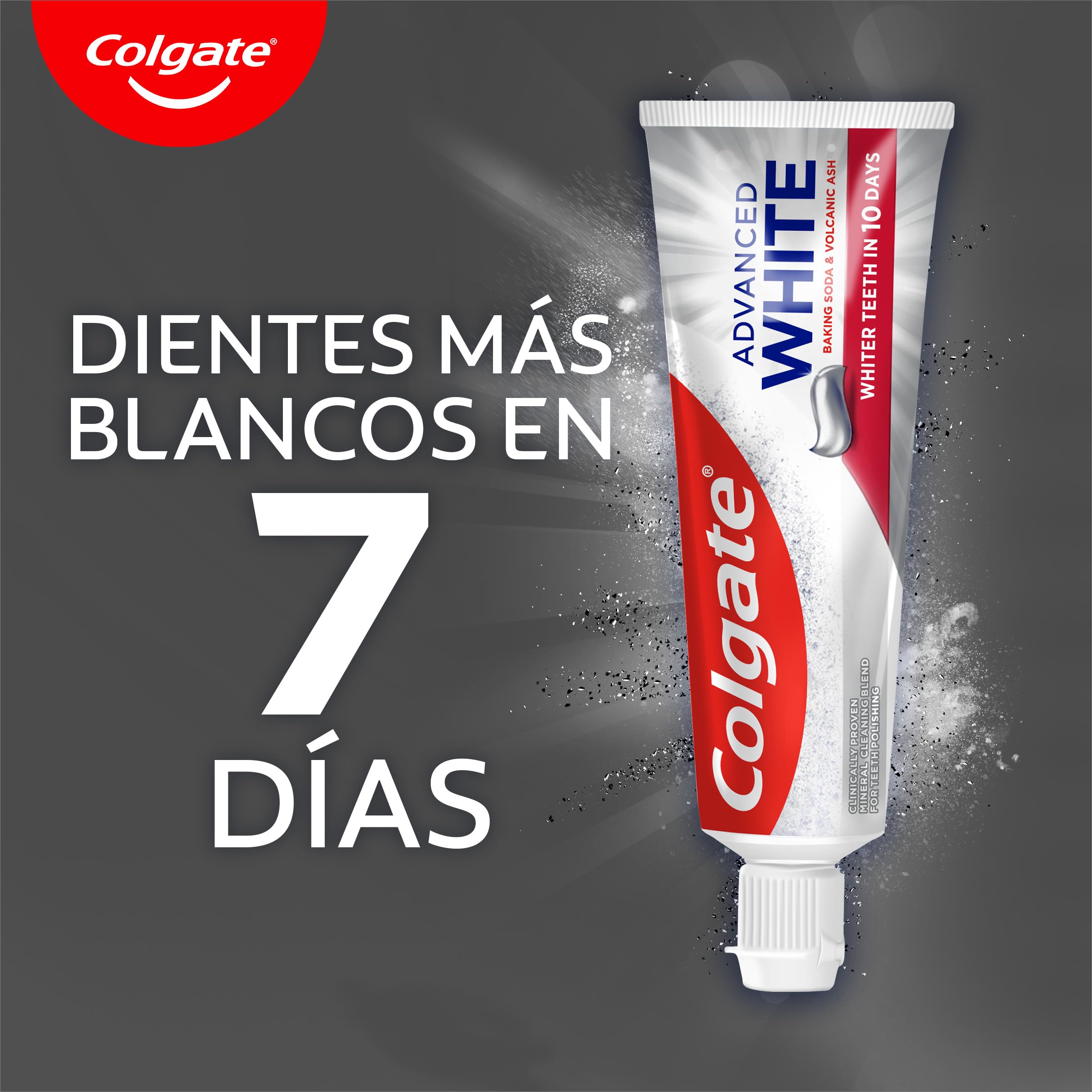 Colgate - Pasta de dientes Advanced White con Bicarbonato y Ceniza Volcánica, Pack 12 x 75 ml, Dientes más blancos en 7 días, clínicamente probada para eliminar las manchas superficiales