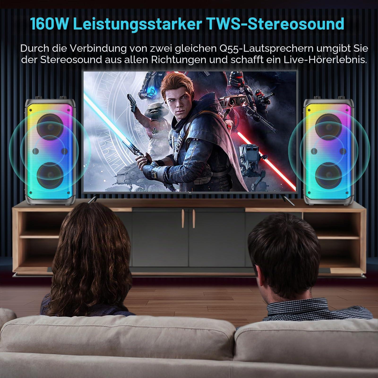 Bluetooth-Lautsprecher, kabellos, 80 W Spitze, kabellos, TWS, tragbare Outdoor-Party-Lautsprecher mit Subwoofer, tiefer Bass, 6 bunte LED-Lichter, lauter Stereo-Sound, Boombox für Party, Zuhause