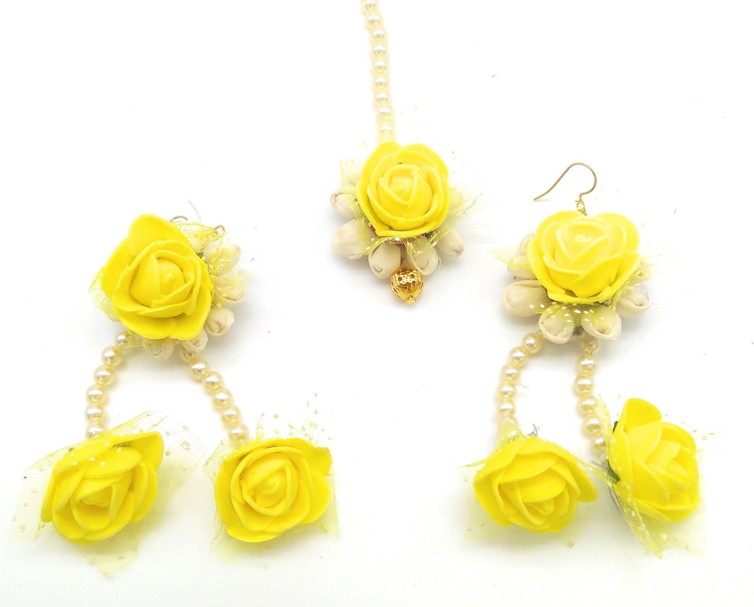 Yellow Rose, White Jasmine Kali Gota Flower Plastic 1 Mangtika, 2 Earrings Full Jewellery Set for Women' - Pack of 3
