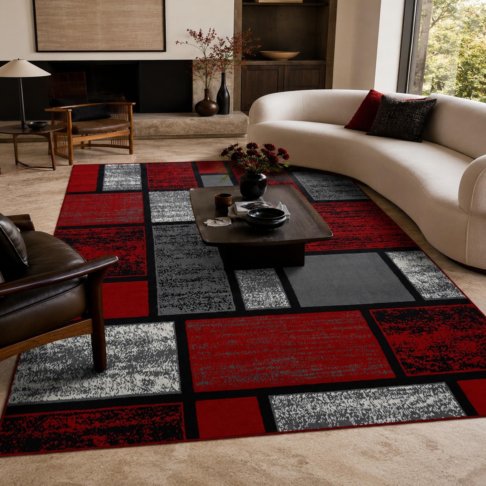 Tapis de décoration,Motif géométrique Moderne Rouge, Gris, Noir, Blanc, 160 x 230 cm, Tapis Chambre à Coucher Salle à Manger Salle de réunion Maternelle Bureau,