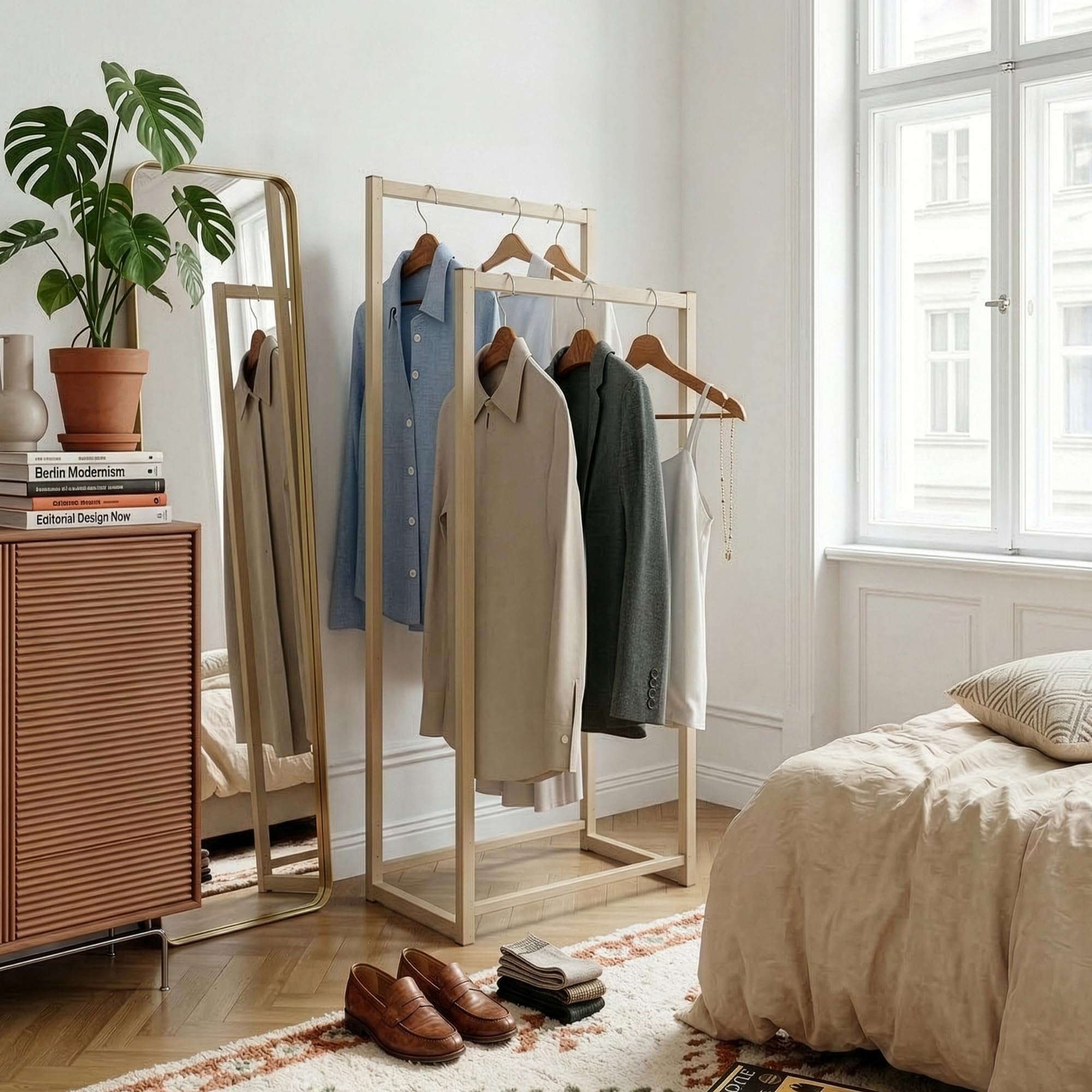 en.casa] Kleiderständer stabil Holtalen Kleiderstange doppelt Garderobenständer stehend Garderobe Metall Standgarderobe 100 x 40 x 30 cm Kamelfarben Küche, Haushalt & Wohnen