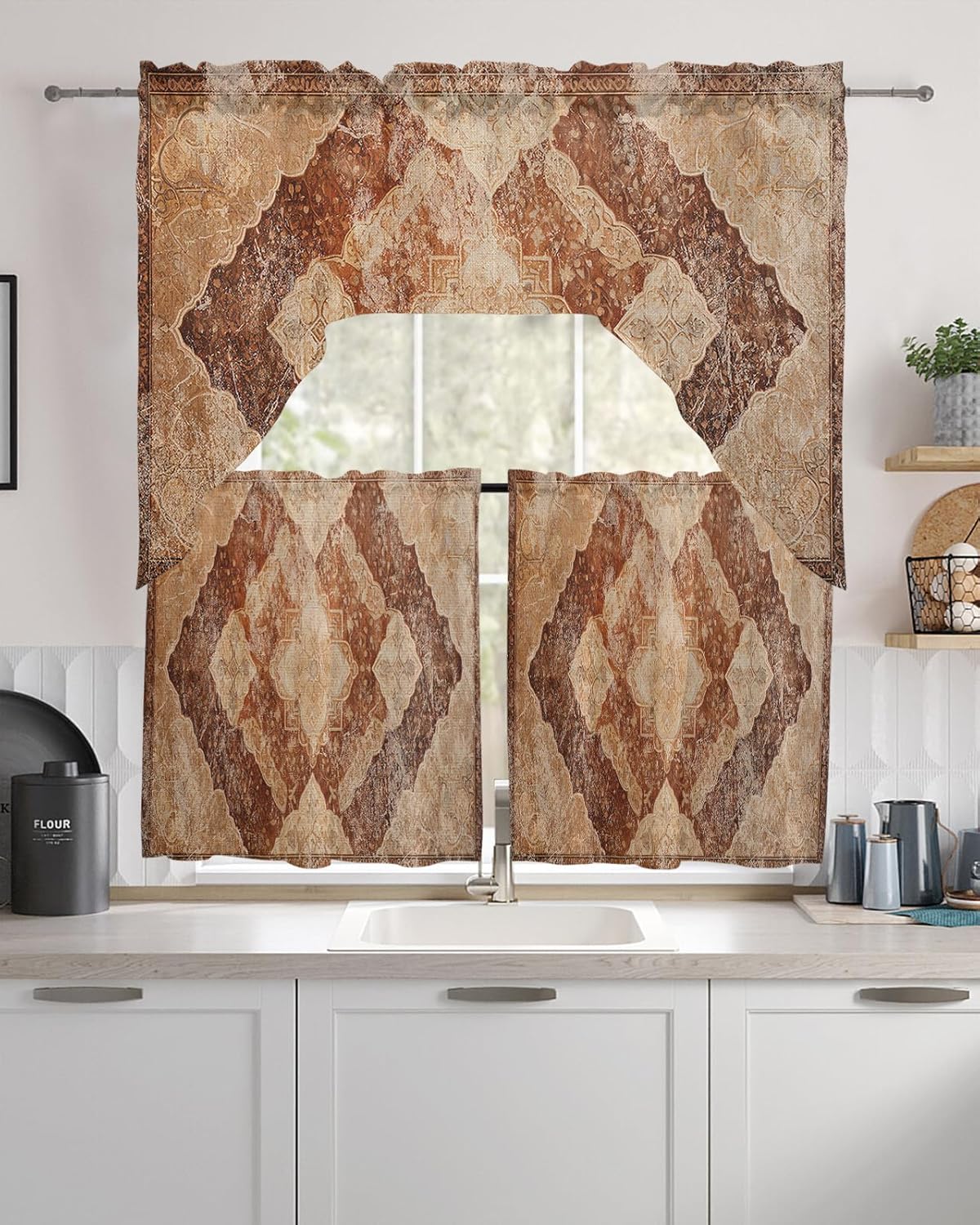 Brown Abstract Swag Kitchen Curtain Sets with Valance,3 Pieces Rod Pocket Curtain Drapes for Bedroom Living Room Cafe Windows,Contemporary Vintage Geometric Flower 56''x36''&24''x27.5''x2Panels