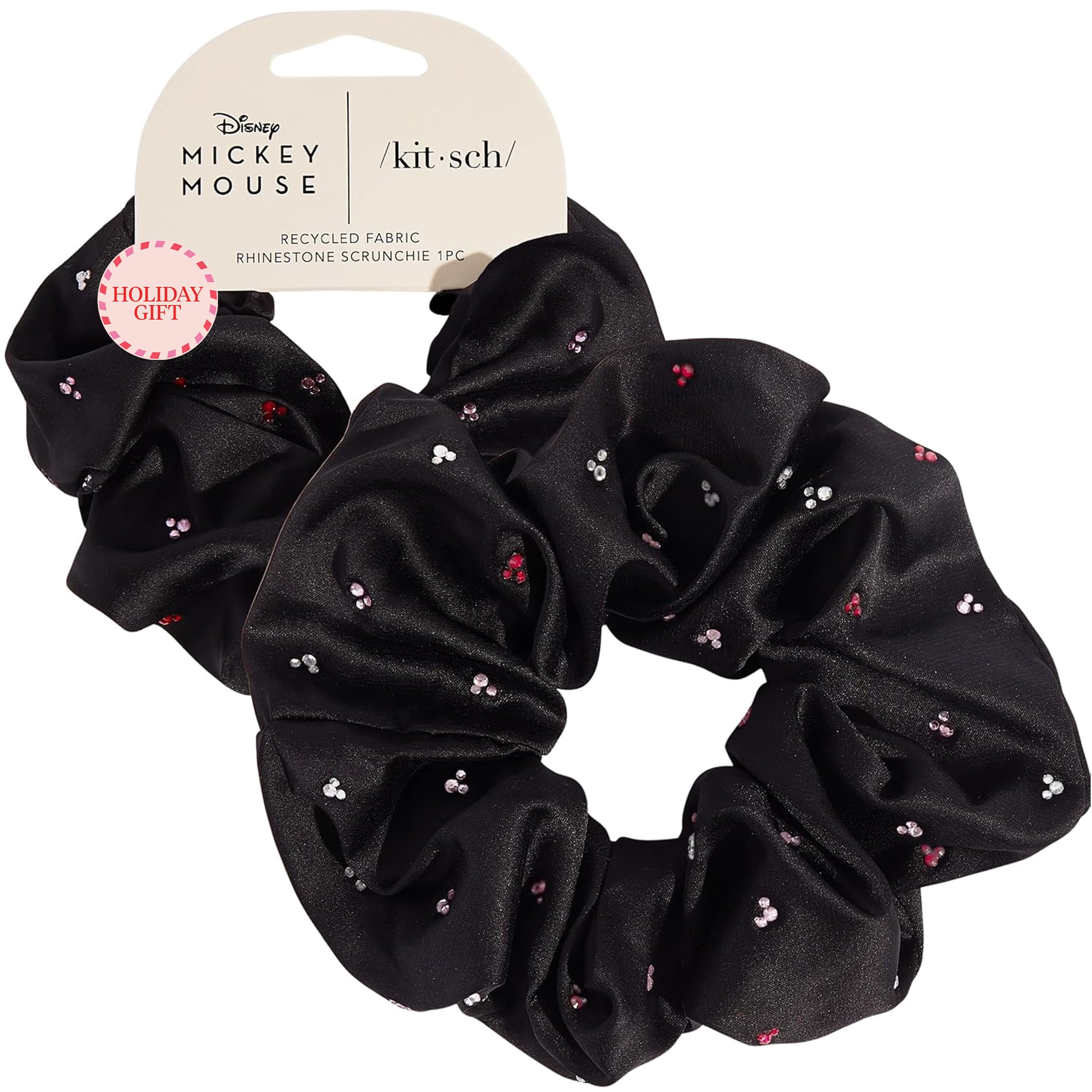 Kitsch & Mickey/Minnie Fabric Rhinestone Scrunchies for Women, Hair Scrunchies for All Hair Types, Recycled Polyester, Perfect for Updo or Half Up Ponytail | Ideal Gifts for Women (Black) - 1 Piece