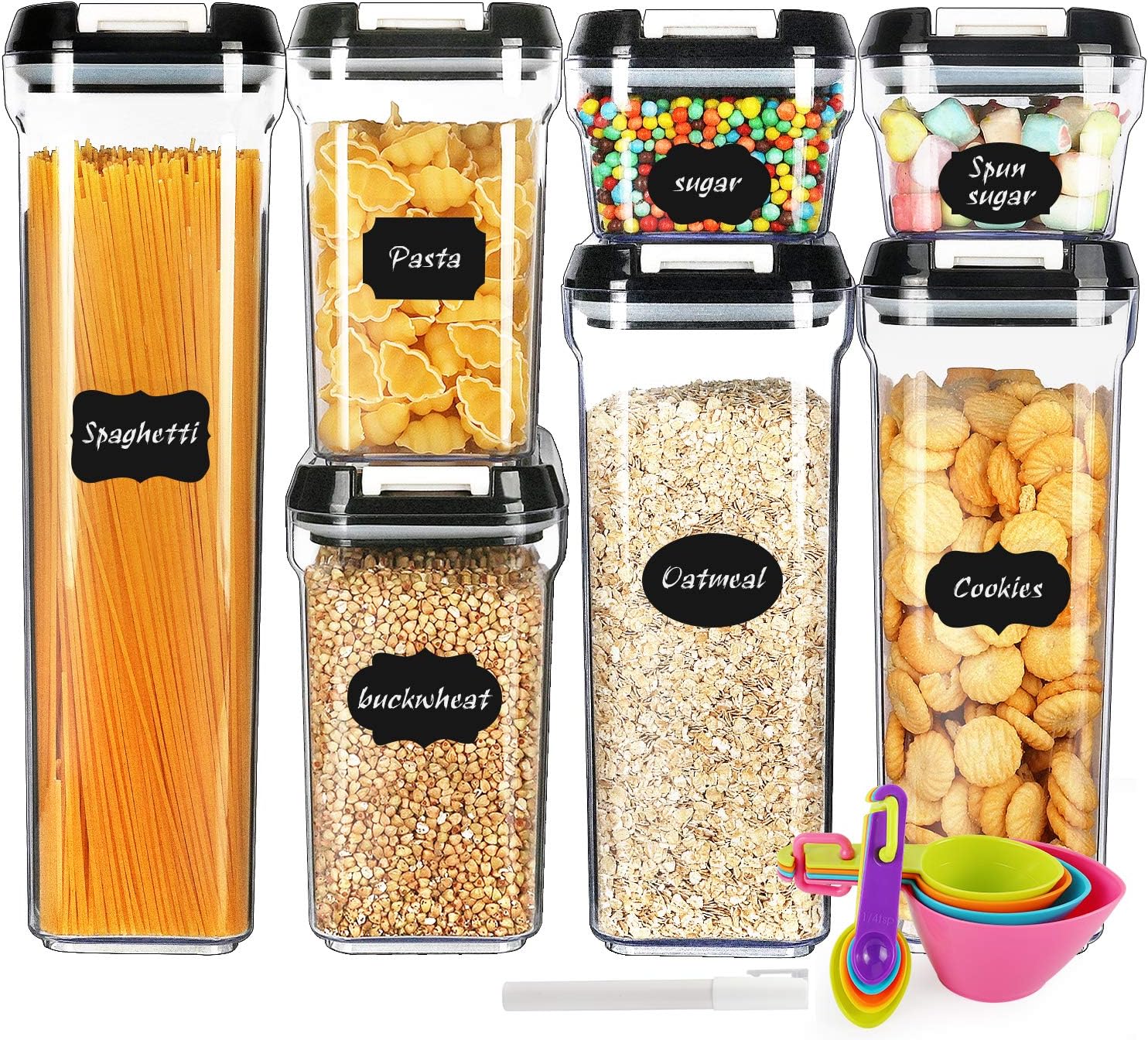 Food Storage Containers with Lids, Airtight Plastic Container Spaghetti & Cereal Dispenser BPA Free,Set of 7