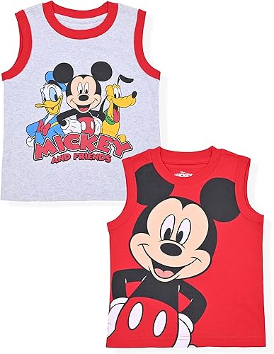 Disney Mickey Mouse, Donald Duck and Pluto - Paquete de 2 camisetas sin mangas para niños pequeños y niños pequeños, color rojo y gris