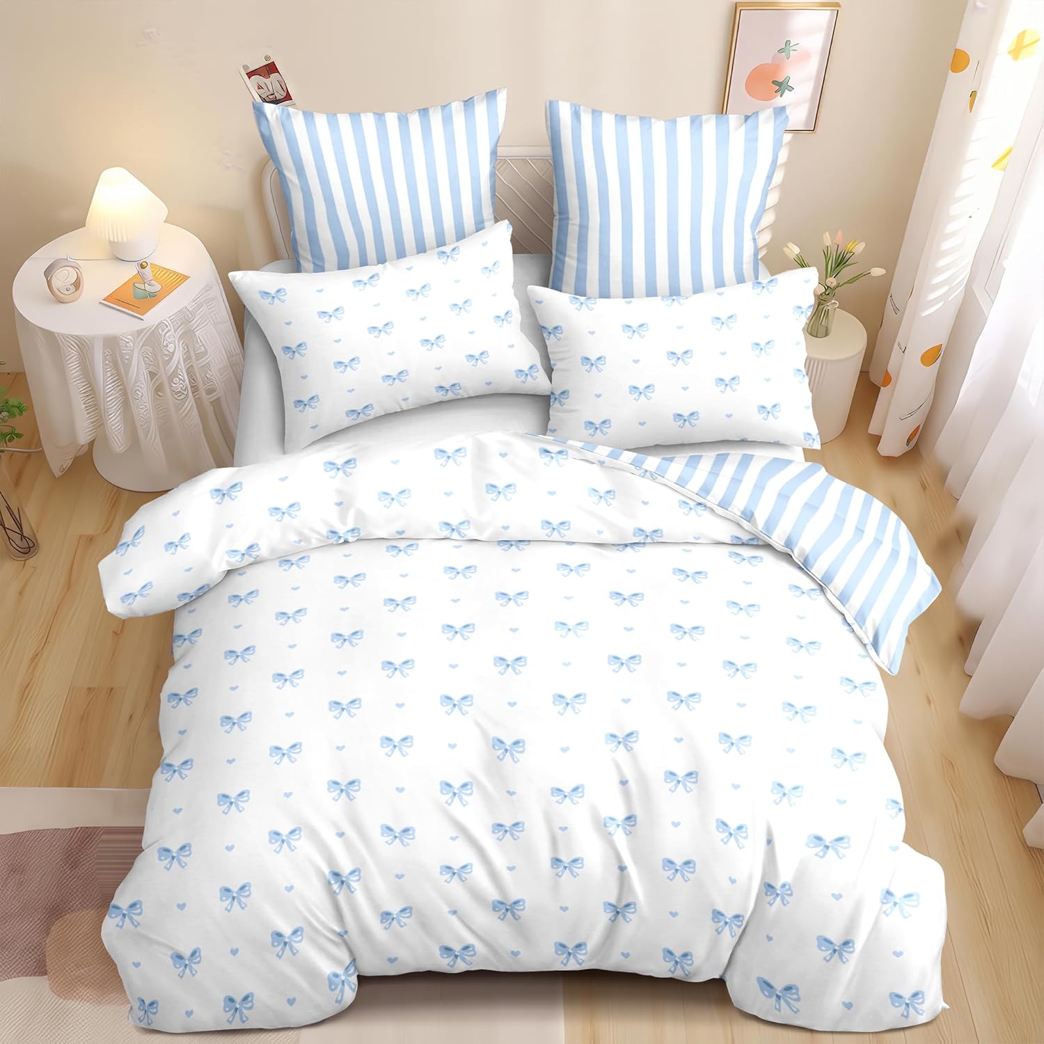 Bow Duvet Cover Queen Size Blue Striped On White Bedding Set 3 Pieces Cute Heart Printed Stripe Reversible Princess Style Soft Breathable Microfiber Duvet Cover Set with Zipper Closure - Image 2