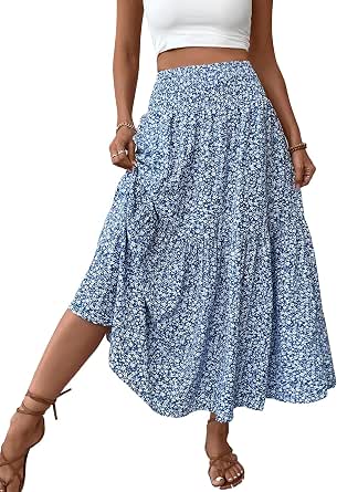 Women's Boho Maxi Skirt Floral Smocked High Waist Long Skirts with Pockets