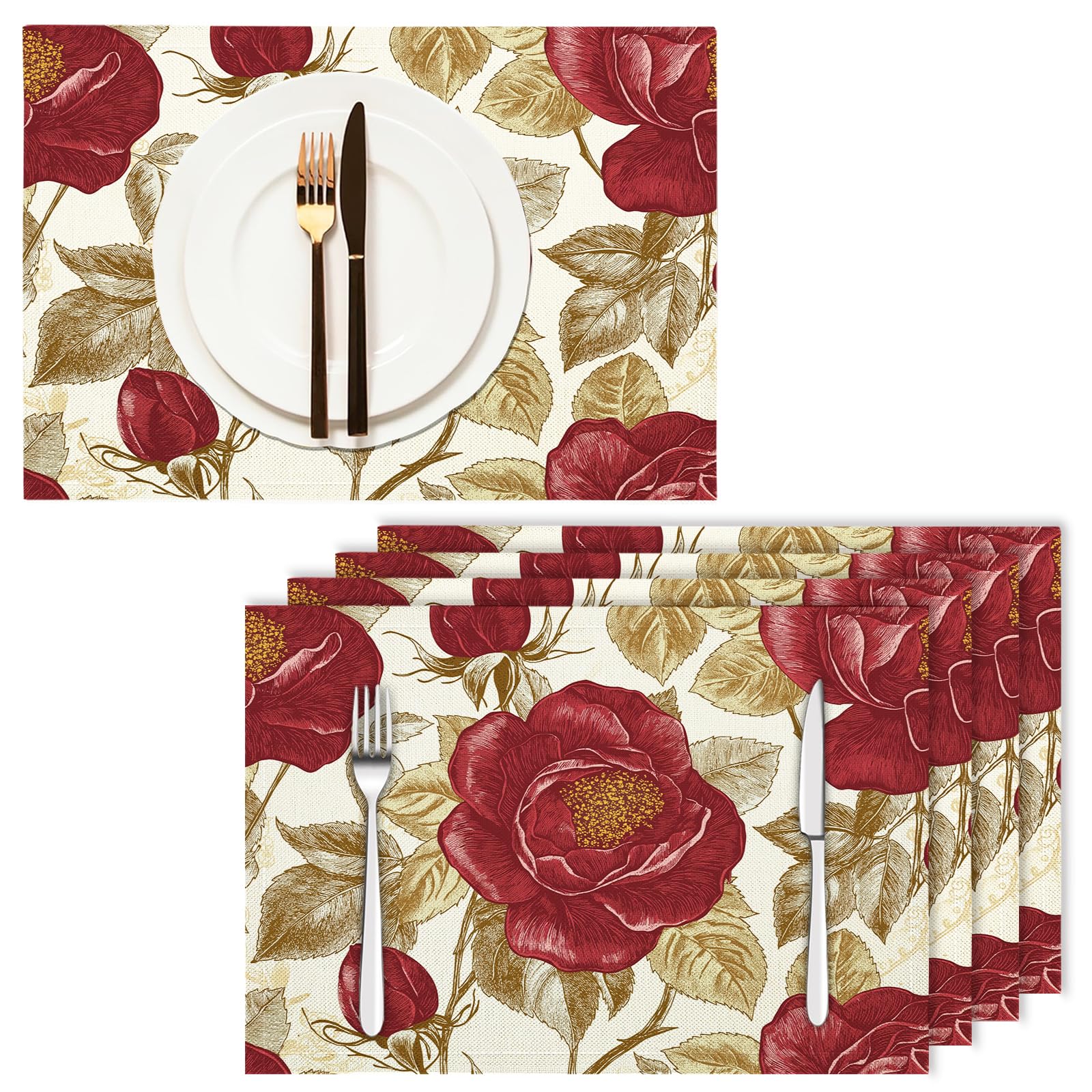8 Pezzi Tovagliette Americana Floreale retrò - Tovaglietta Americane in Cotone e Lino Rose rosse Lavabili Sottopiatto per Sala da Pranzo Tavolo da Cucina 45 ×30 cm
