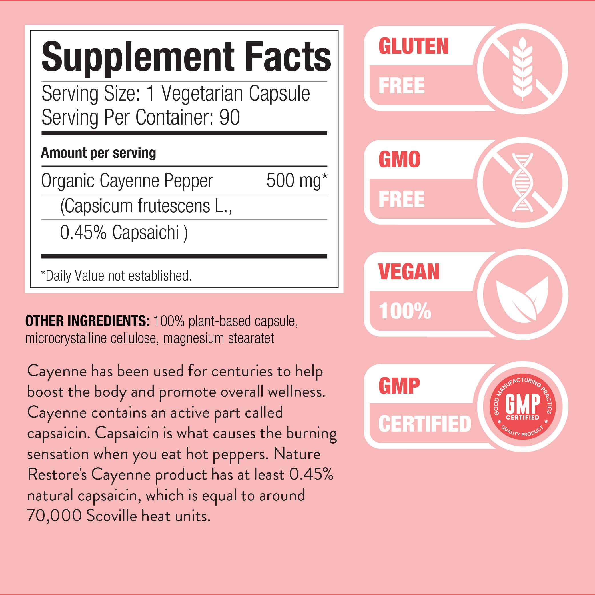 Nature Restore Premium Cayenne Pepper Extract Supplement. Standardized to 0.45% Capsaicin - 70,000 Scoville Heat Units for Natural Metabolism Support, Thermogenic Heat & Circulation, 90 Vegan Capsules — Amazon image 2