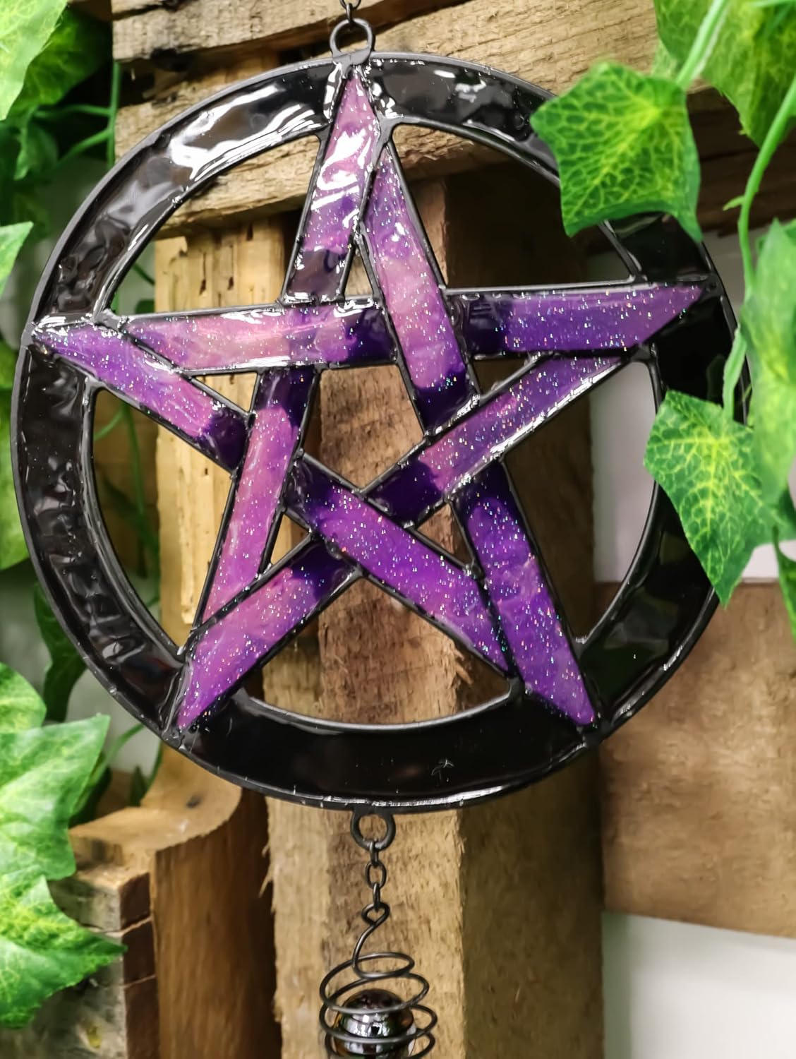 Ebros Gift Purple Stained Glass Pentacle Pentagram Circle Resonant Relaxing Metal Wind Chime Suncatcher Garden Patio Accent with Gemstones and Beads