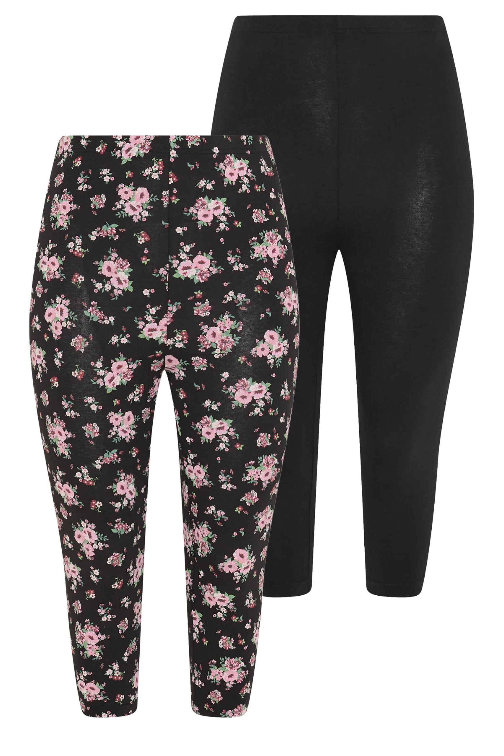 Yours Women's Black 2 Pack Floral Cropped Leggings Pants In | Size: 20