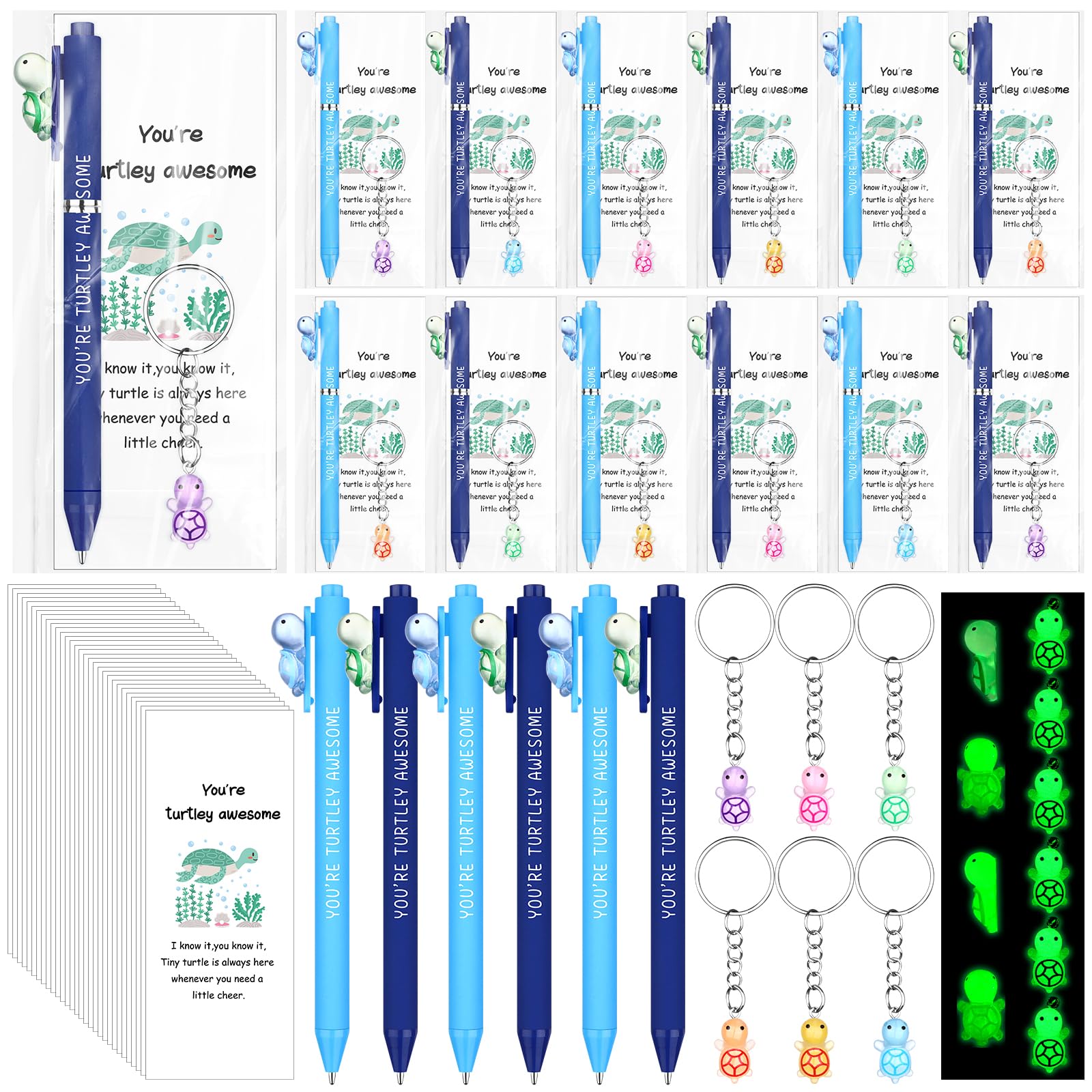 30 Sets You're Turtley Awesome Gift Positive Luminous Turtle Ballpoint Pens with Turtle KeyChains Pun Cards Office Inspirational Employee Appreciation Gift for Team Coworker Teacher Volunteer Nurse