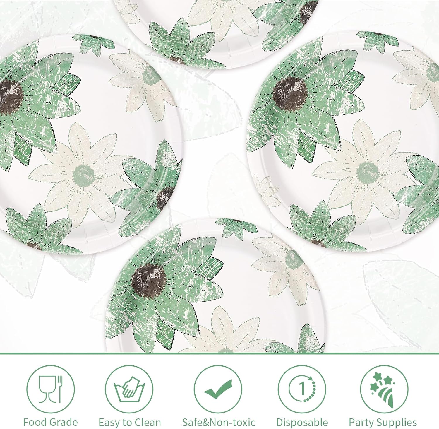 50Pcs Spring Floral Party Decorations 10" Large Sage Green Retro Daisy Paper Plates Disposable Vintage Boho Sunflower Platters for Spring Seasonal Home Kitchen Dining Birthday Tea Party Supplies