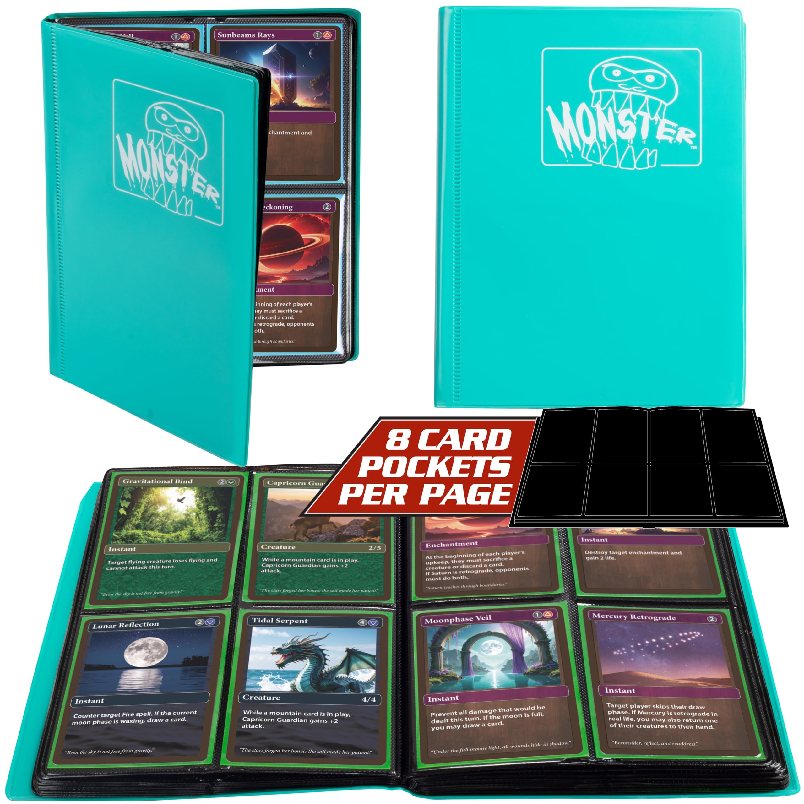 Monster 4 Pocket Trading Card Album -Matte Teal Binder, Anti-Theft & Anti-Drop TCG Protection w Side Loading Pockets, Holds 160 Cards-Compatible with