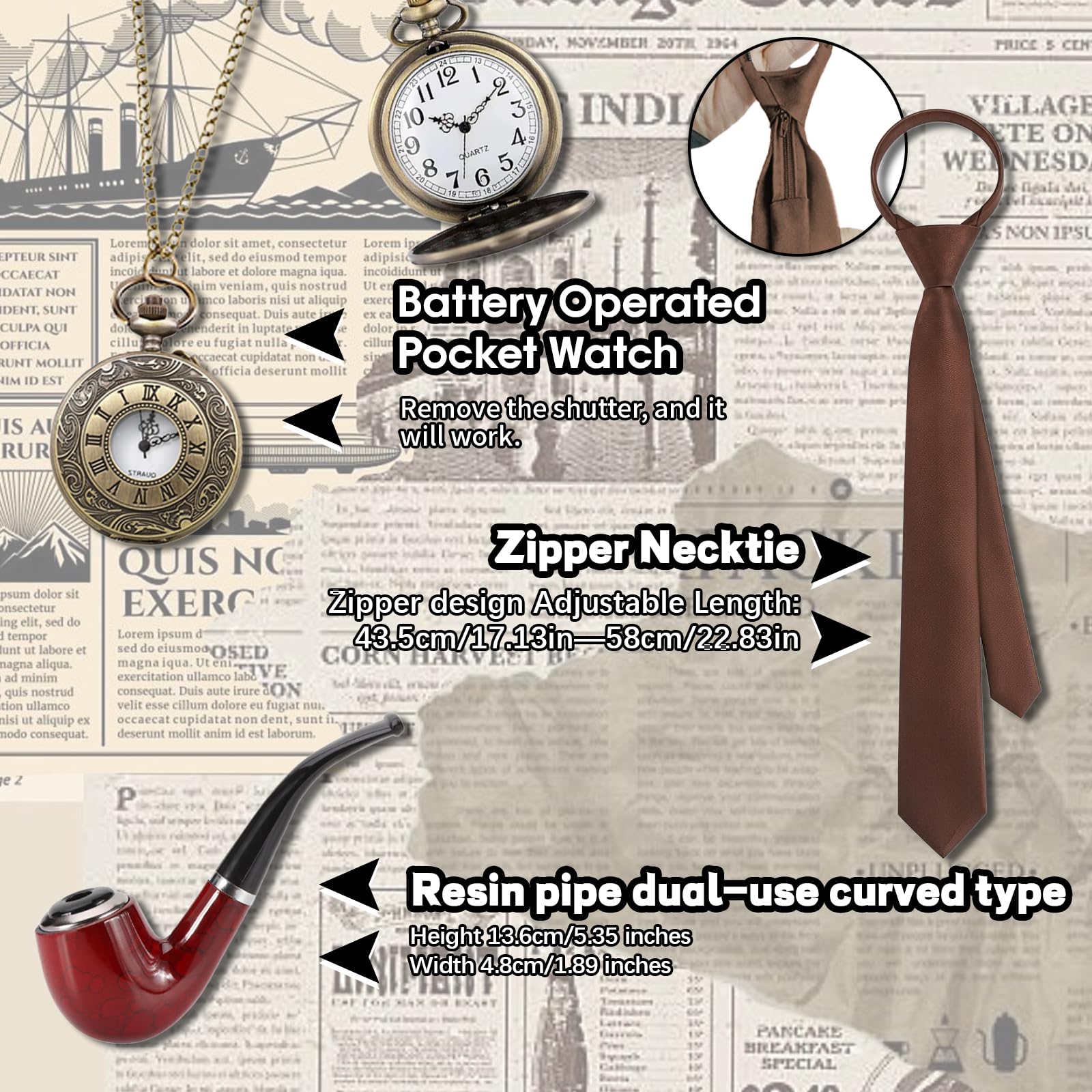 Xerteam Costume des années 20 pour homme, costume des années 20 pour homme, gangster, tenue des années 1920 avec chapeau, gilet marron, cravate, nœud papillon, montre de poche, 6 moustaches