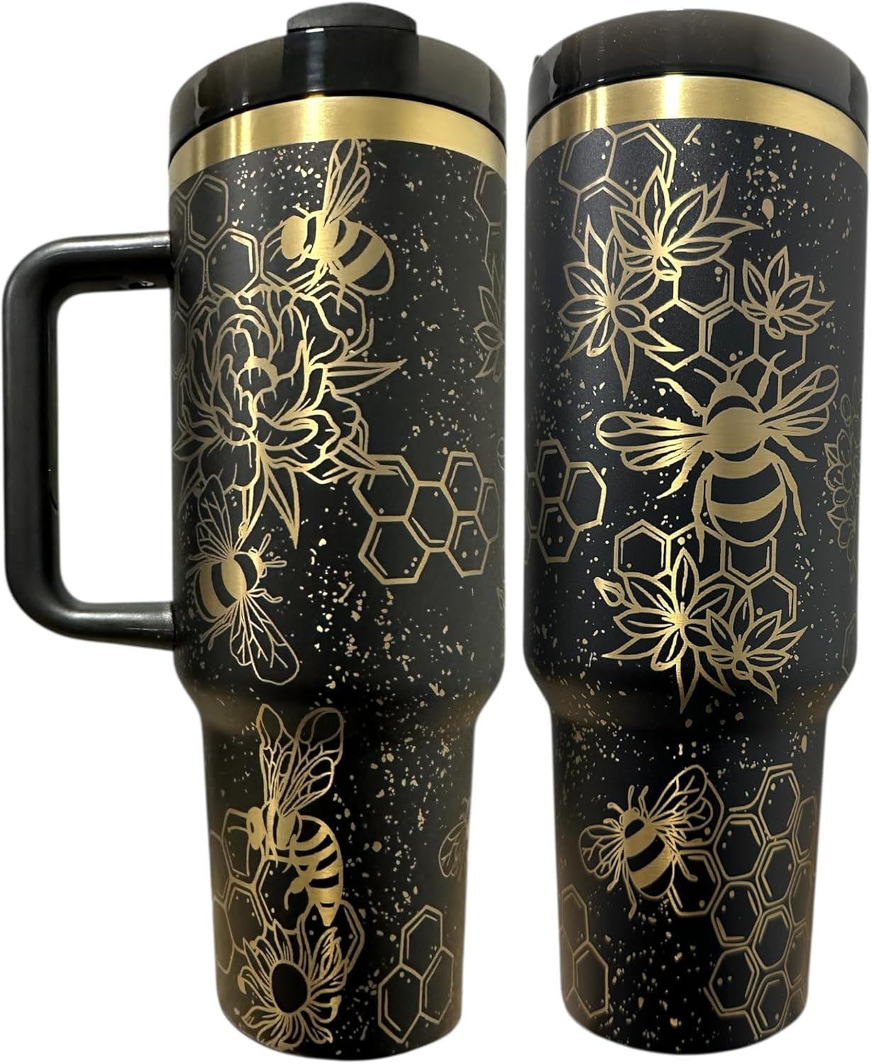 Tumbler, 40oz Tumbler, Western Tumbler, Engraved Cup with Handle, Cute Coffee Mug, 40oz Coffee Mug (Black/Gold(21)-Bee(B31))