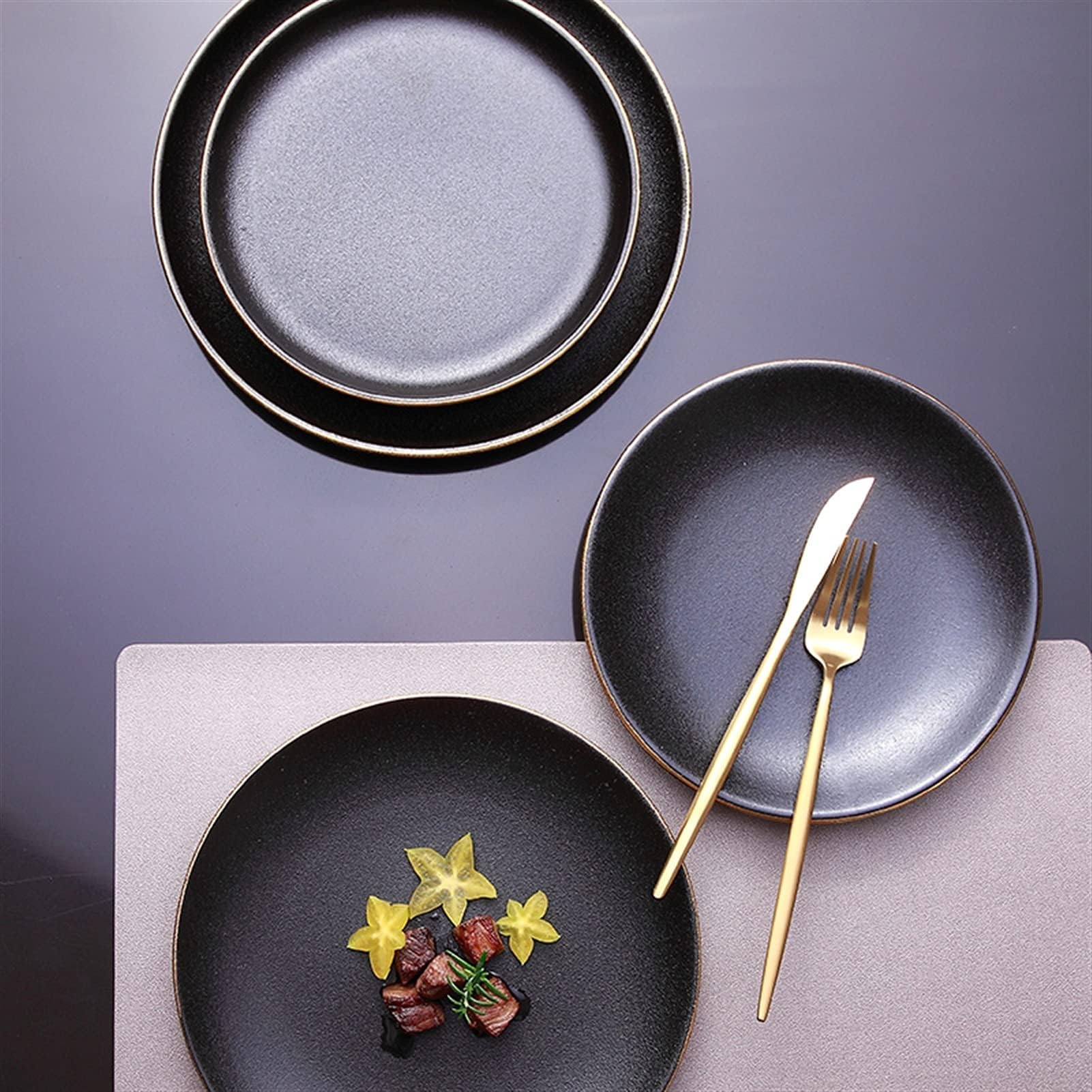 Assiette à dîner Assiette à Steak Occidentale de Style Japonais, Assiette Commerciale créative Noire givrée, Plate Ronde for la Maison, Cuisine(Black)
