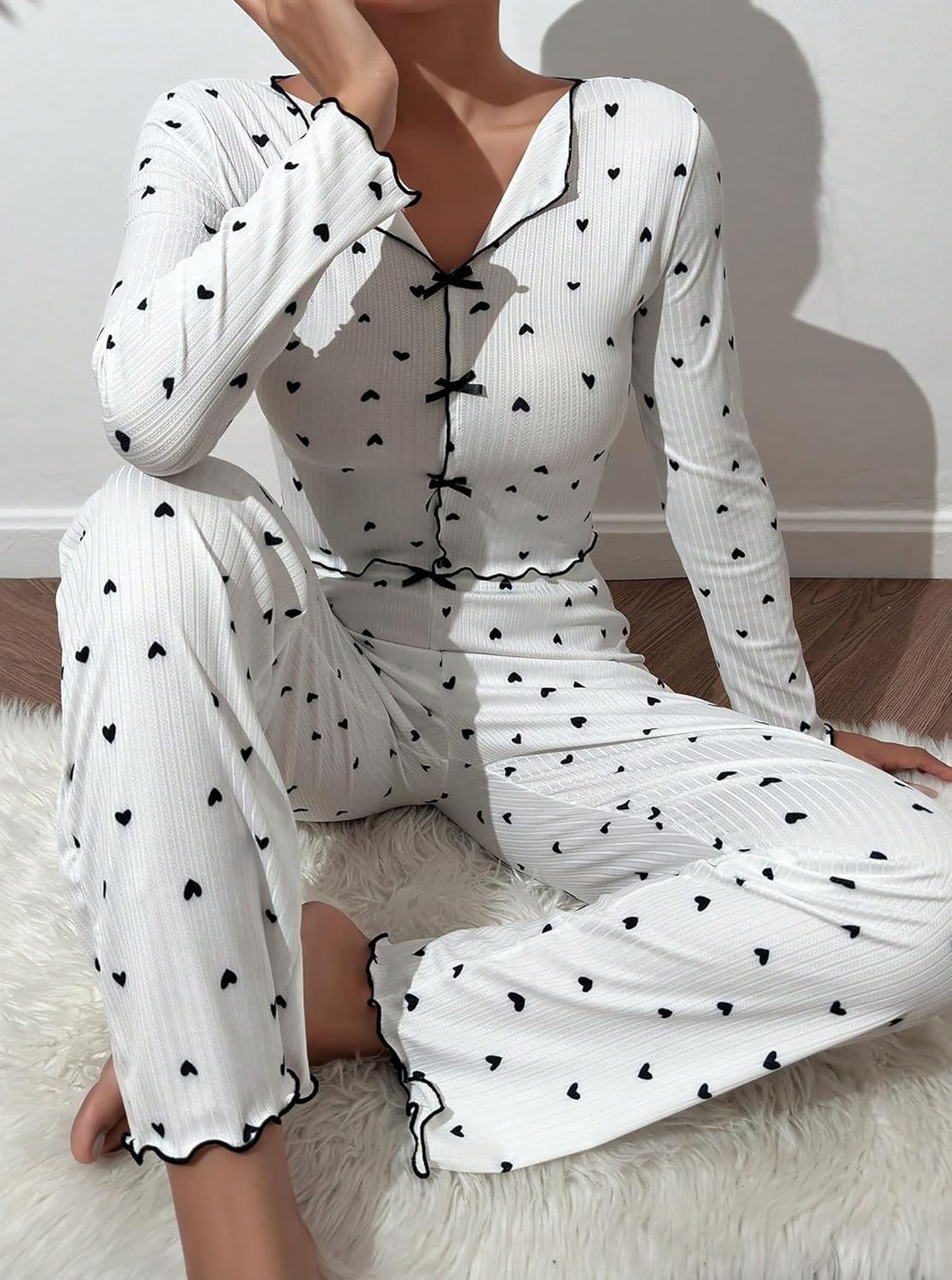 HDQHDQ Womens Long Sleeve Pajama Set Ribbed Top and Pants 2 Piece Sleepwear Cute Pj Sets - Image 5