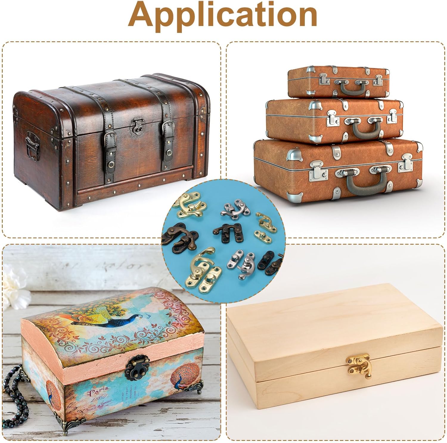 uxcell 6 Pcs Vintage Lock Clasp, 37 x 42mm Mini Swing Arm Clasp Latch Right Latch Hook Hasp with Screws for Jewelry Box Suitcase Toolbox Wooden Case, Gold