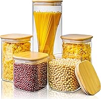 Vista 1 de Tamaño múltiple - Juego de 5 frascos cuadrados de vidrio con tapas de bambú, recipientes de vidrio para almacenamiento de alimentos con tapas