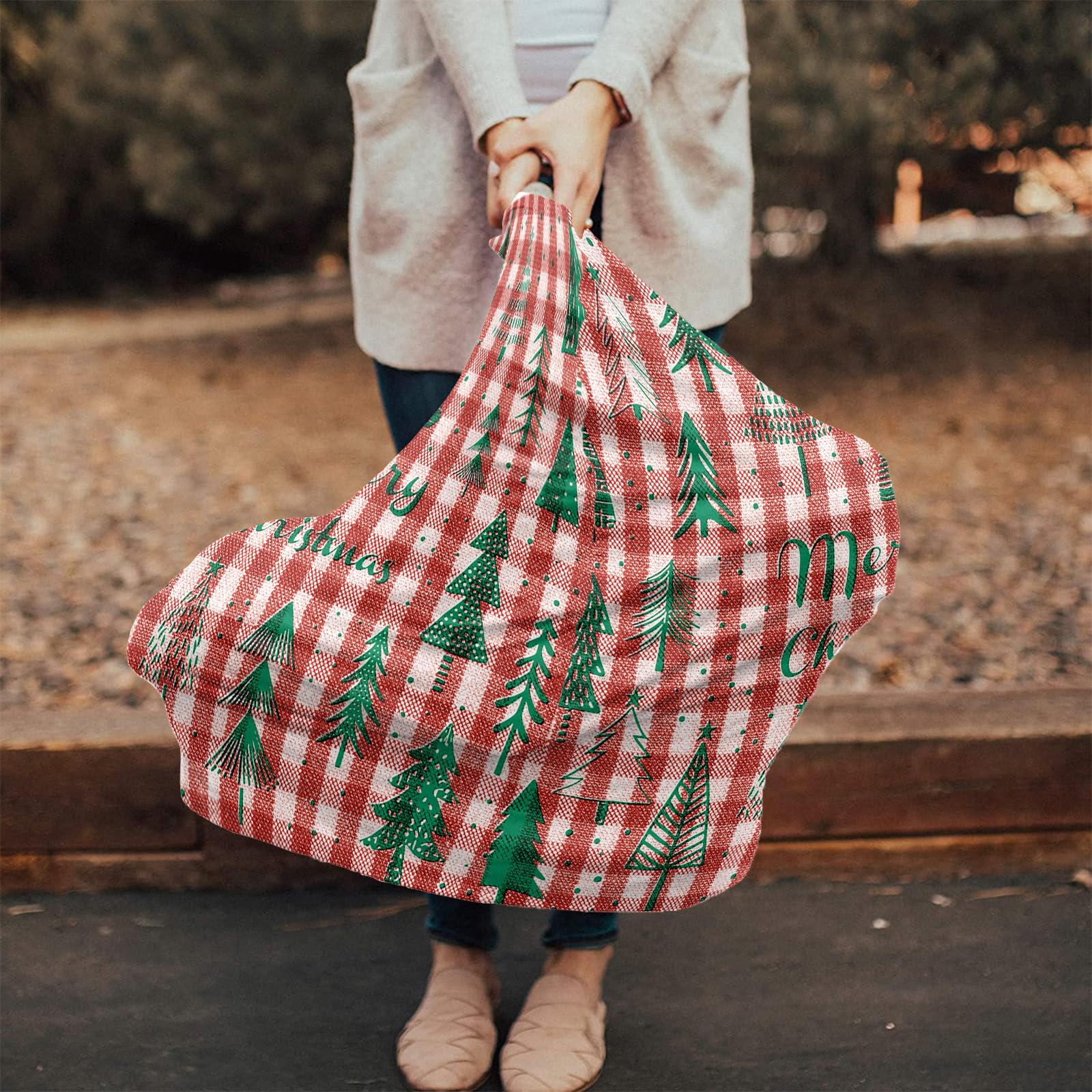 Nursing Cover for Breastfeeding Scarf, Green Xmas Tree Red Plaid Polka Dots Merry Christmas Baby Car Covers Super Soft Multi Use for Canopy Shopping Cart Cover Blanket Stroller Cover