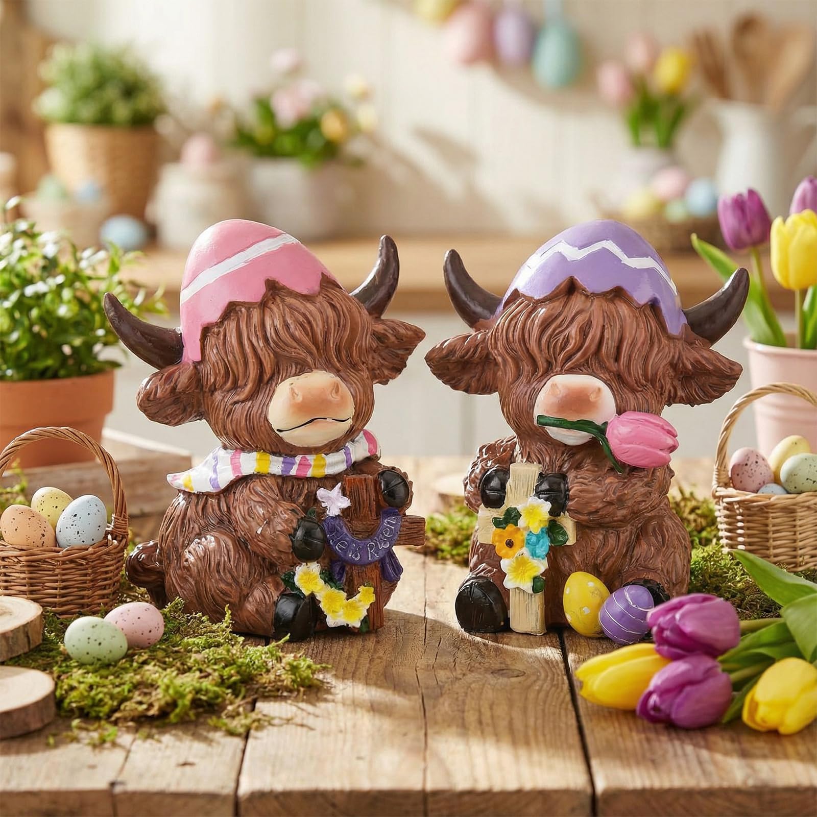 Simgoing Confezione da 2 statuette di mucca pasquale delle Highland primaverili con uova di Pasqua croce floreale per decorazioni da tavola per amanti dei vitelli, regali per la casa, centrotavola