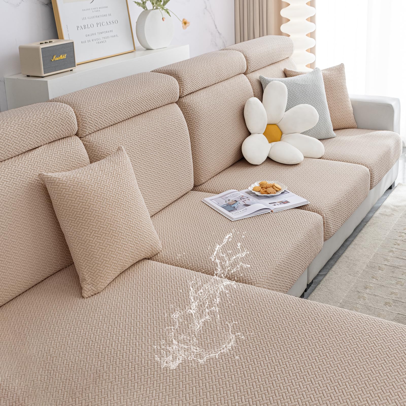 smiry Waterproof Couch Cushion Covers, Stretch Jacquard Thick Sofa Cushion Covers, Washable Seat Cover Slipcover Elastic Furniture Protector for Pets, Kid (Large, Camel)