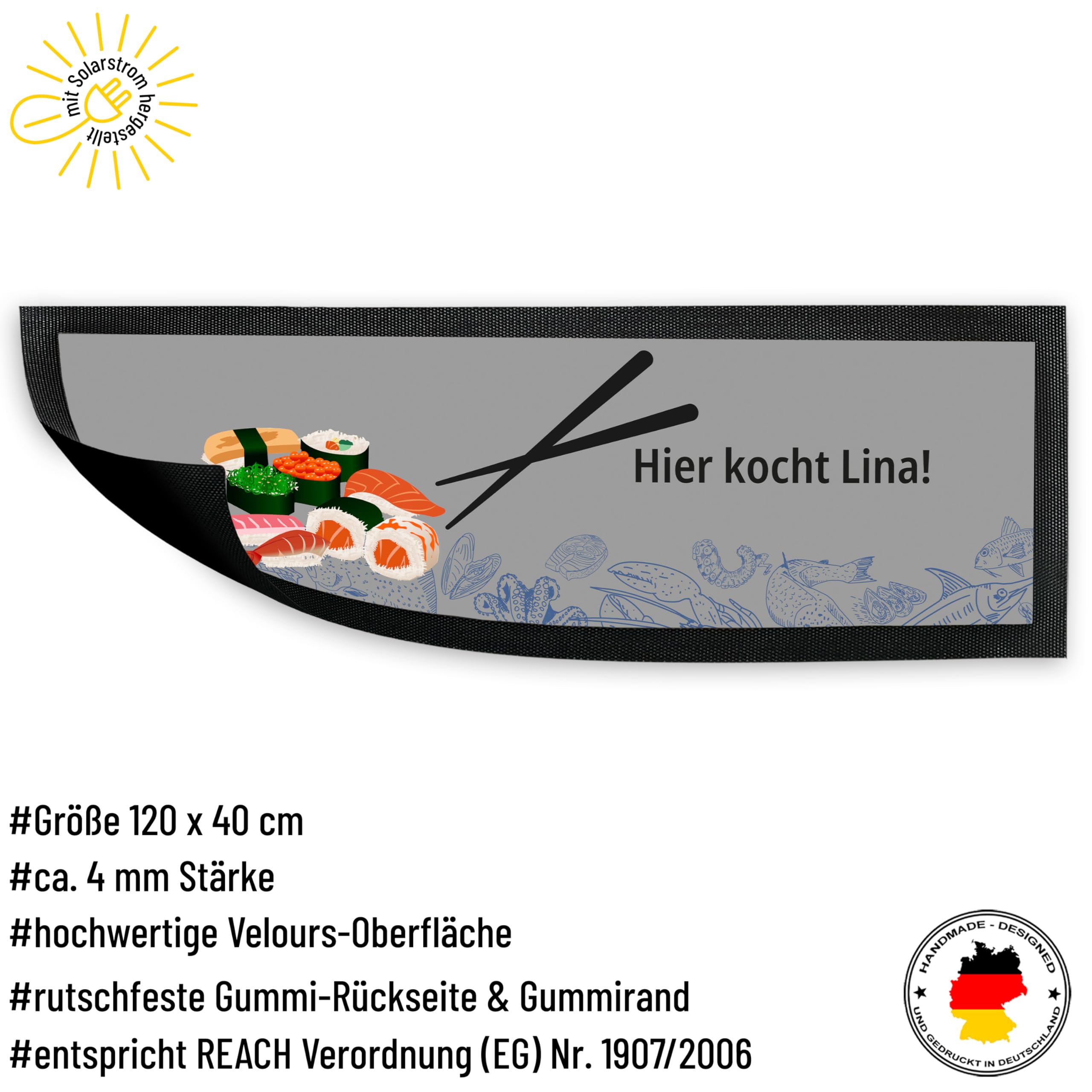 True Statements Personalisierte Fußmatte 120 x 40 cm – Deko Küchenmatte mit Sushi Motiv & Wunschtext - Velours Oberfläche für Flur, Küche & Wohnung