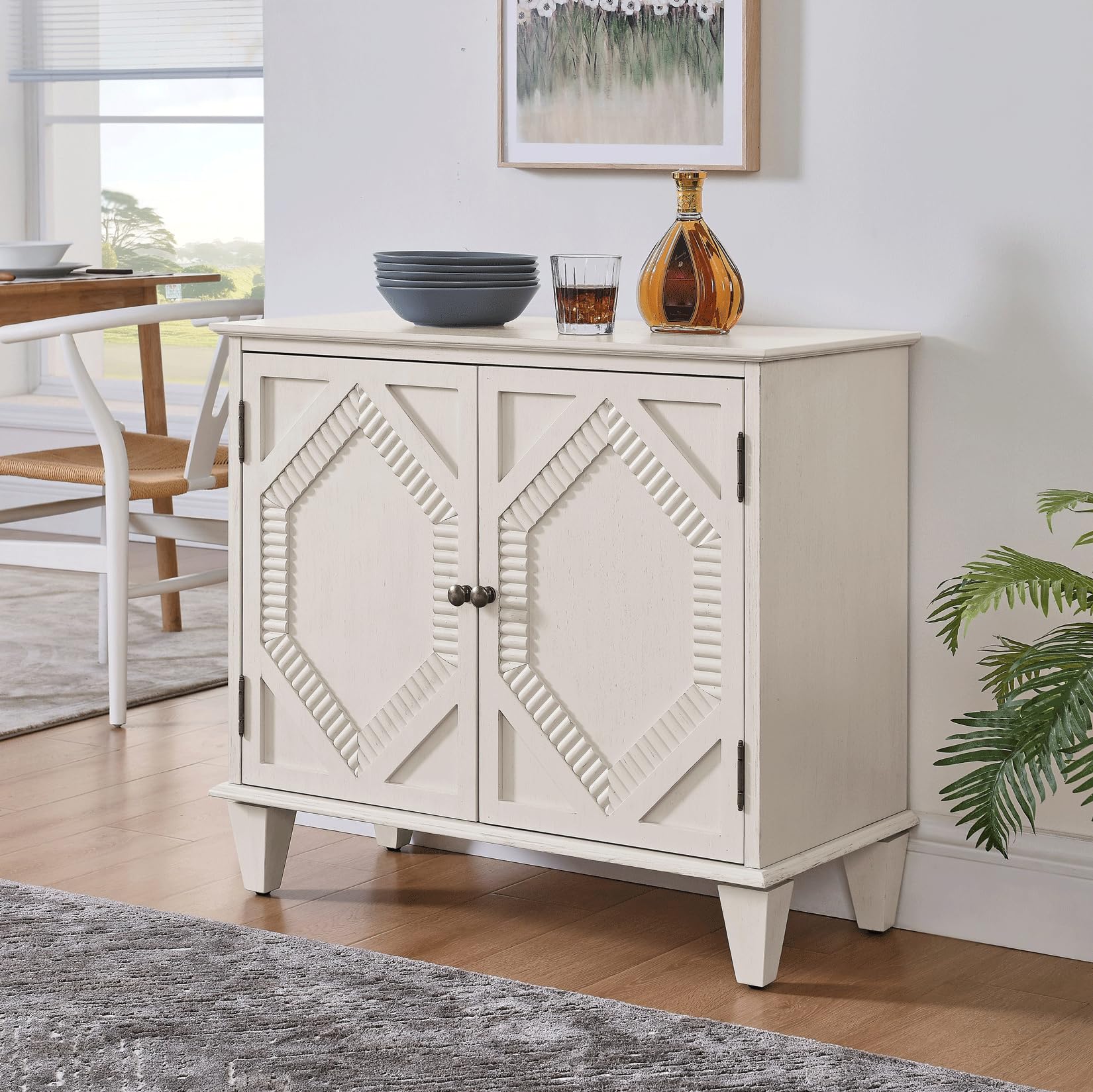 Drewniany kredens 85 cm z miejscem do przechowywania retro komoda do salonu | Antyczna biel z 2 półkami i regulowaną półką, geometryczny wzór do salonu, korytarza, jadalni, kuchni