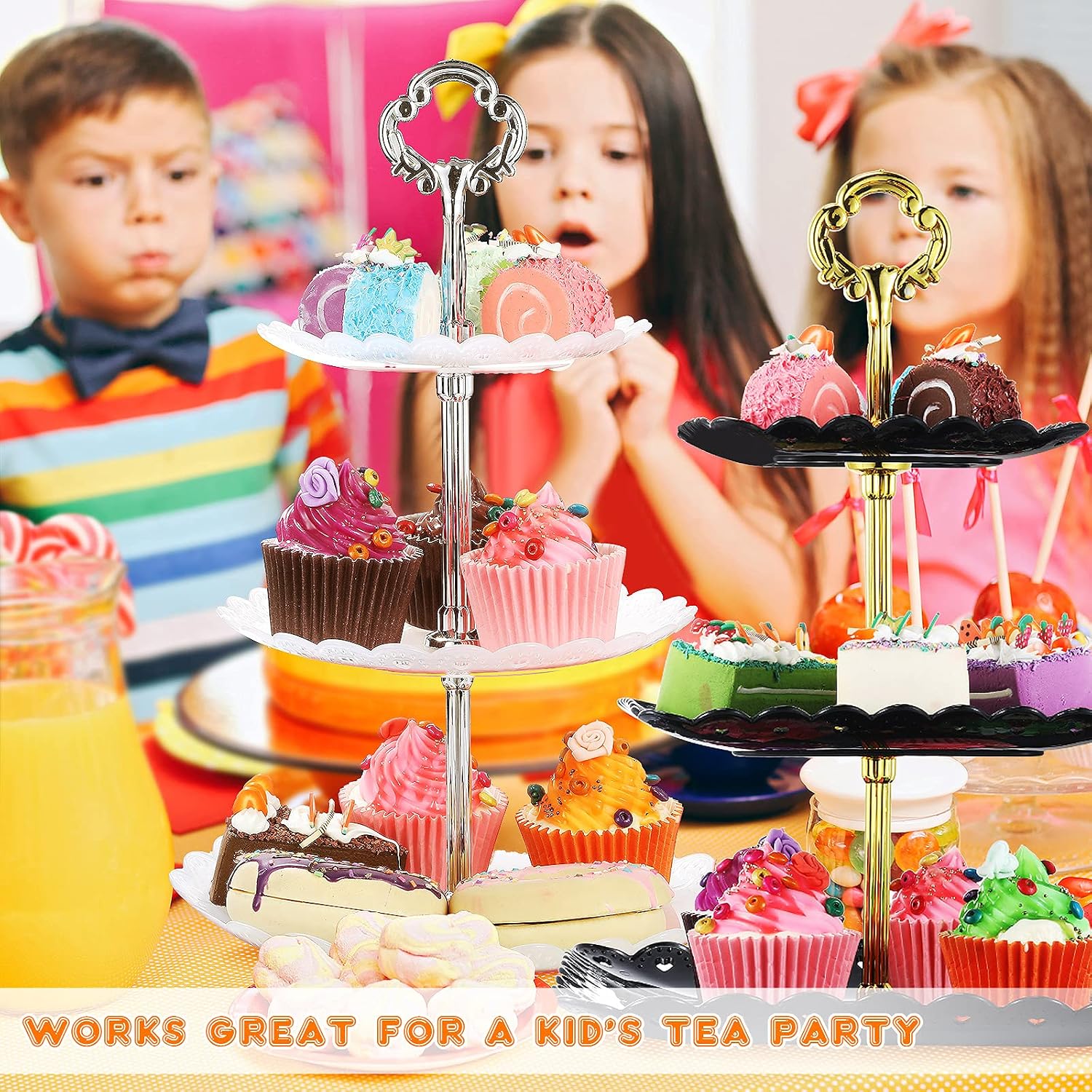3 Sets of 3-Tier Plastic Cupcake Stand Dessert Plates Mini Cake Fruit Candy Display Tower Reusable Tiered Serving Tray Round Square Pastry Cake Rack Holder Tray for Wedding Birthday (White)