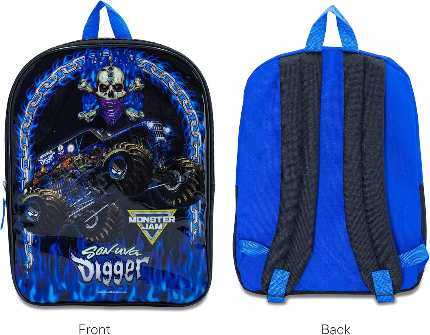 Fast Forward Monster Jam Backpack for Kids - Blue Grave Digger Kids Backpack - Monster Truck Book Bag with Side Pockets and Padded Straps