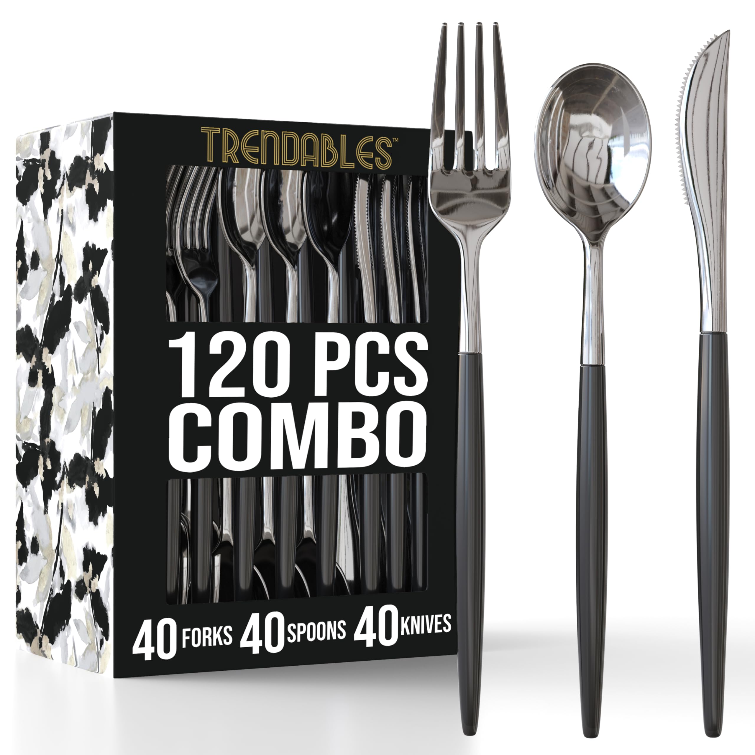 Trendables 120 Pack Disposable Silverware Set - Silver & Black Plastic Cutlery - Includes 40 Forks, 40 Spoons, 40 Knives - Party Set