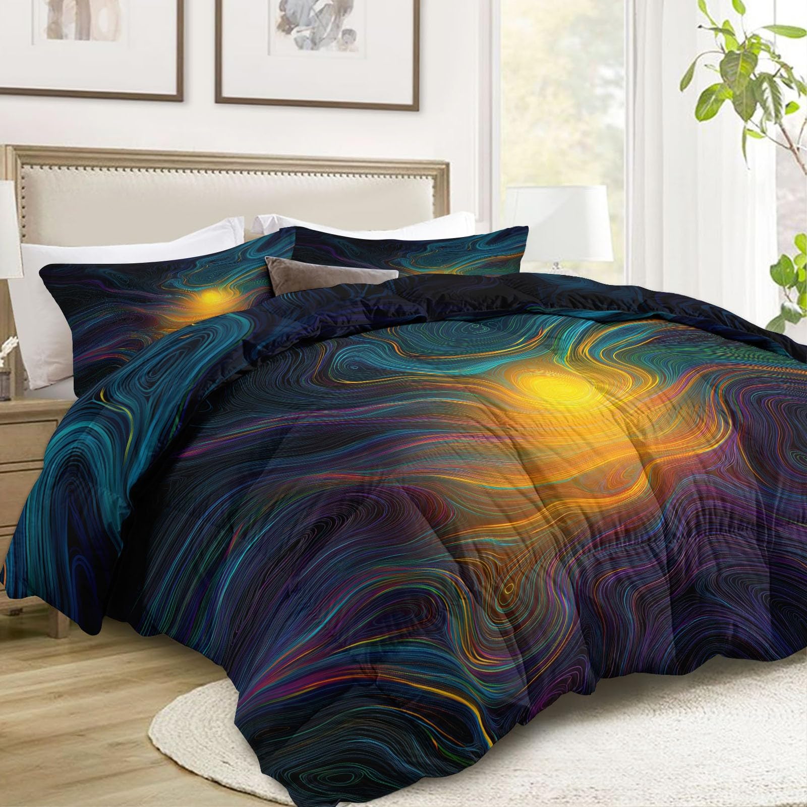 Niebiesko-fioletowa kołdra 4 pory roku 240 x 260 cm Zestaw wszystko w jednym z 2 poszewkami na poduszki - Zintegrowana kołdra z oddychającej mikrofibry - Druk 3D i pikowanie w romby - Technologia