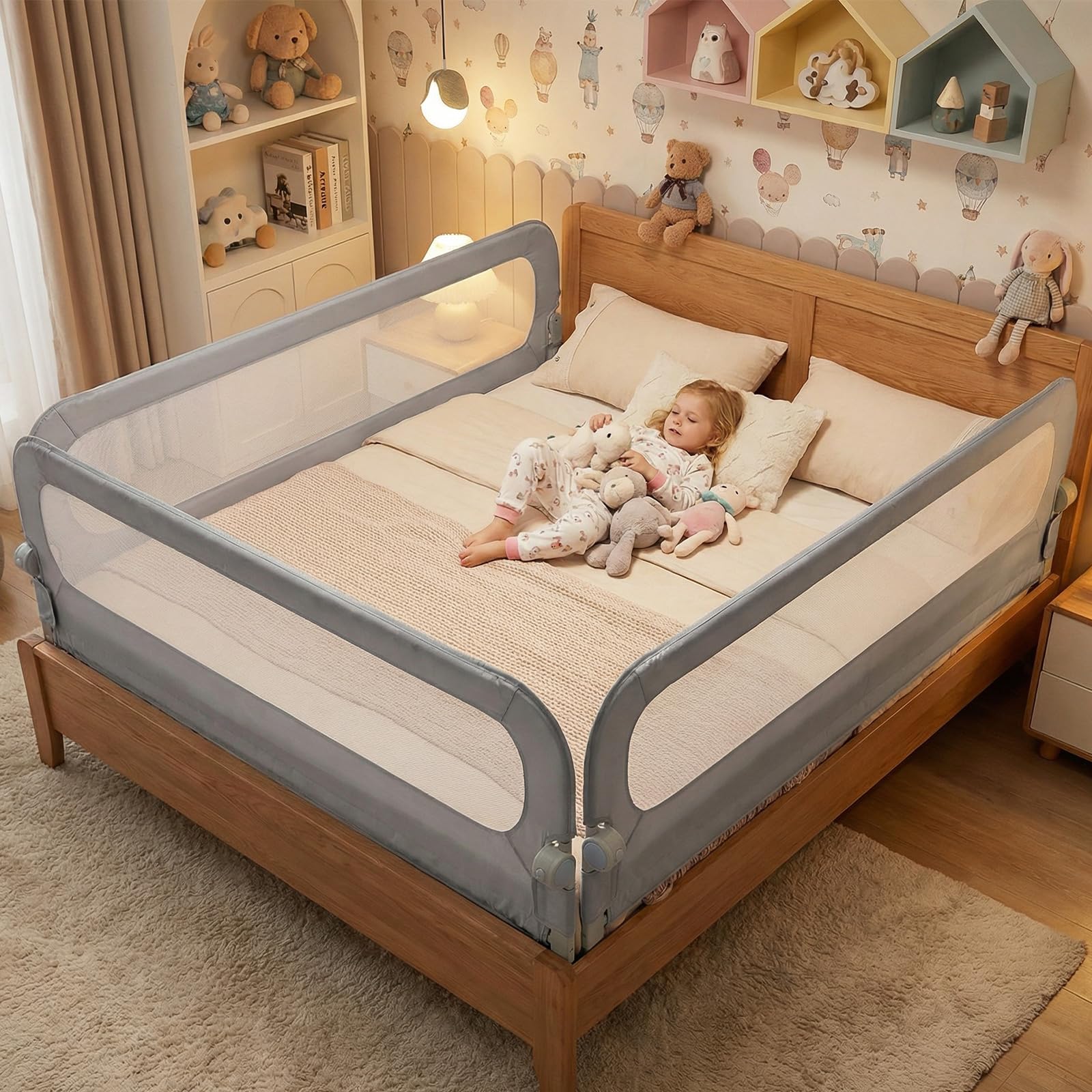 COSTWAY Sponda Letto per Bambini 80/120/150/180/200 cm, Barriera di Sicurezza per Neonati, Altezza Regolabile a 3 Livelli, Barriera Letto Pieghevole, con Cinghia di Sicurezza (200 cm,Grigio)