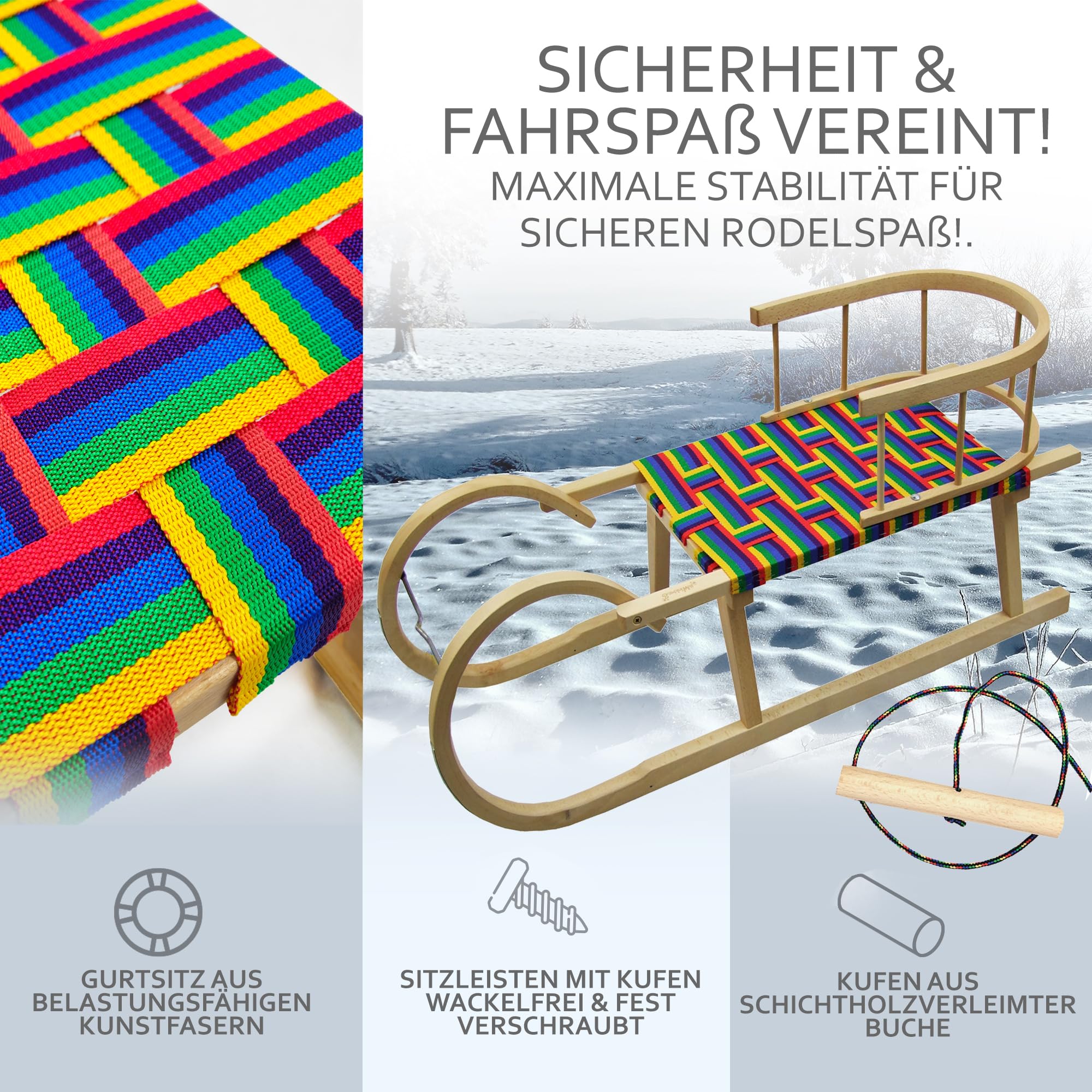 Hörnerrodel 100 cm mit Rückenlehne & Gurtsitz bunt - Holzschlitten aus massivem Buchenholz - Hörnerschlitten Rodelschlitten für 2 Personen mit Zugseil & Stahlkufen - robust & langlebig