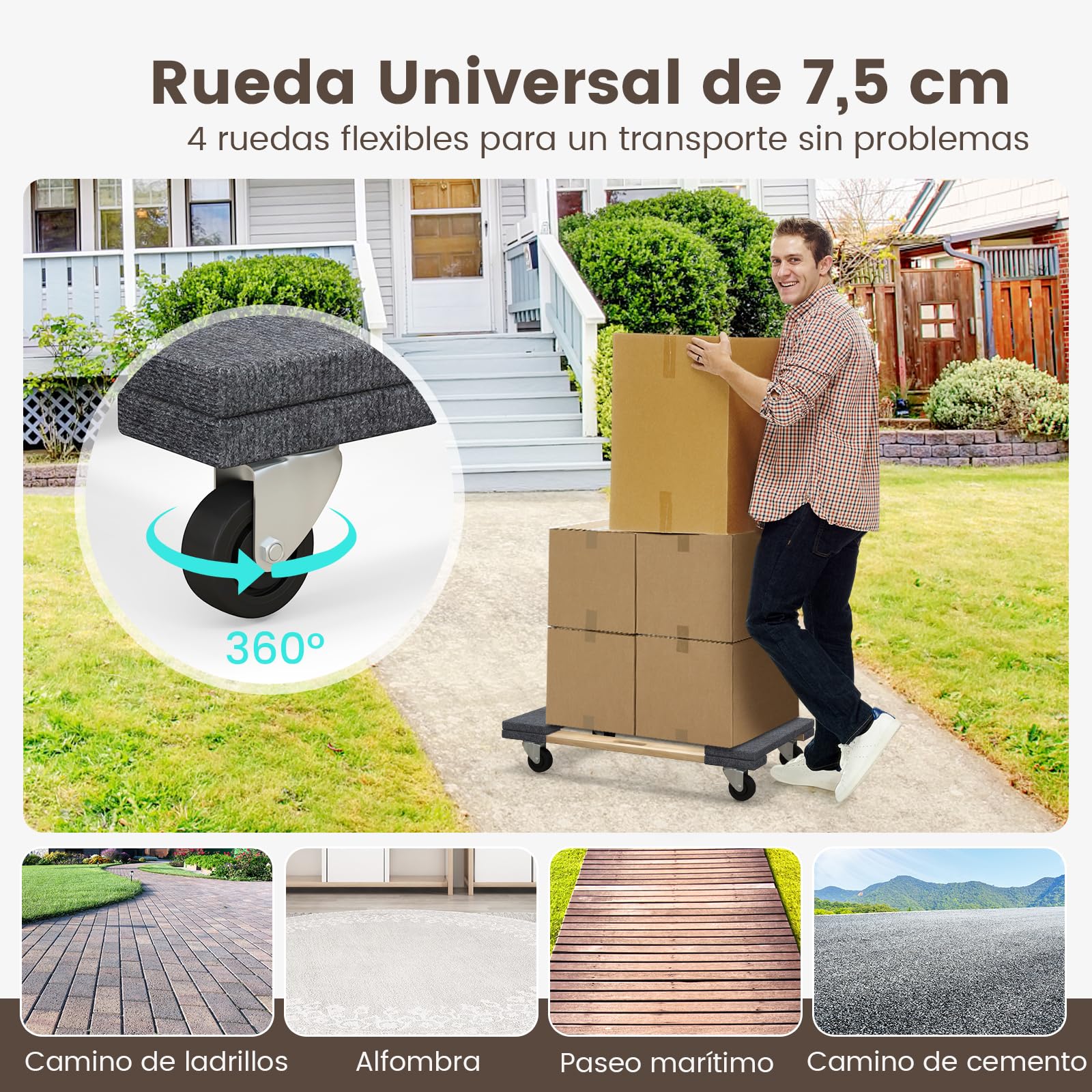 GYMAX Plataforma con Ruedas, 77 x 47 cm, Tabla de Ruedas de Madera de Acacia con 4 Ruedas Universales y Asa, Carga de hasta 450 kg, Tablero de Carro para Aparatos y Muebles con Cargas Pesadas