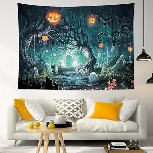 Miniatura 3 de LB Tapiz de Halloween aterrador para colgar en la pared, cementerio espeluznante y castillo en bosque verde azulado, tapiz de pared para dormitorio,