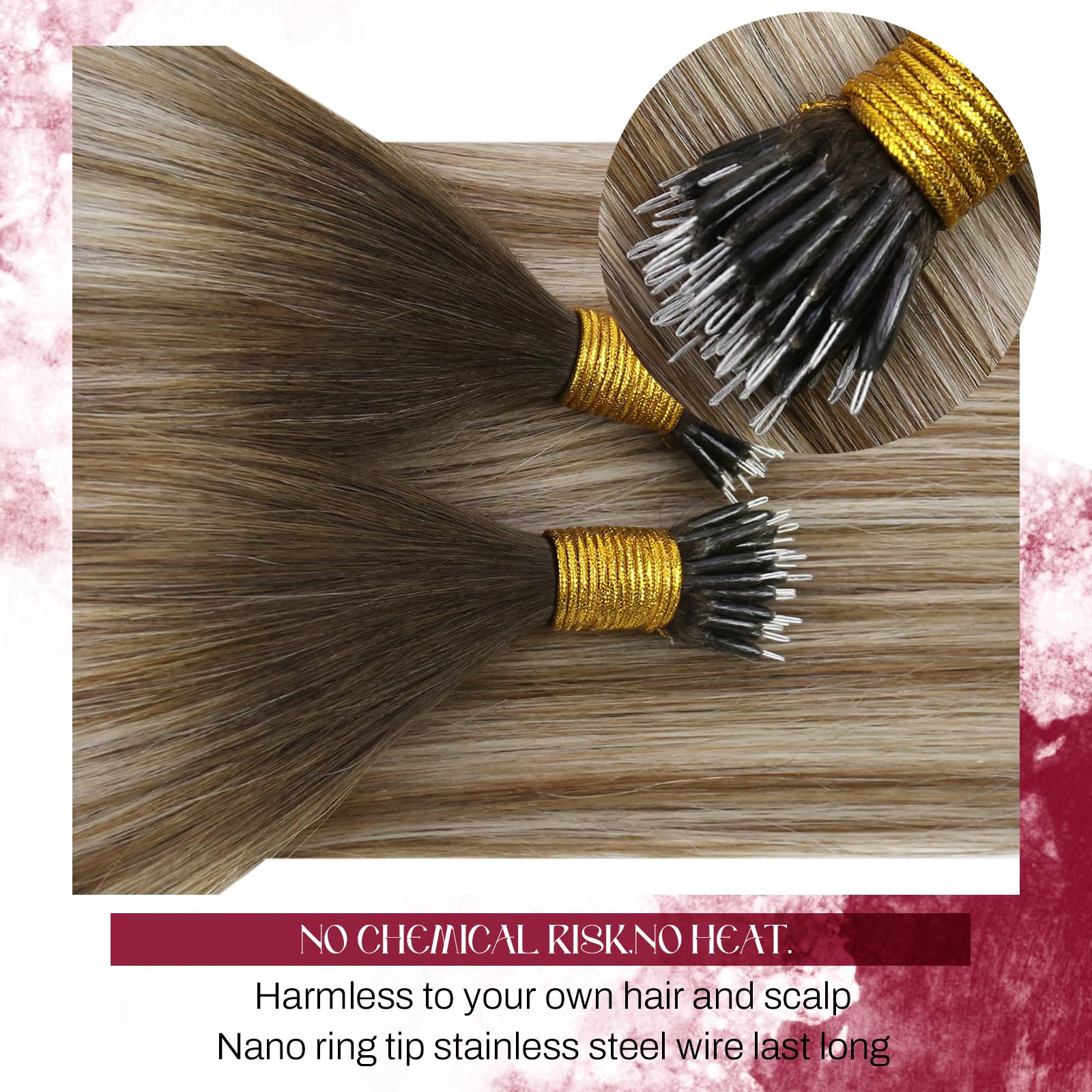 RUNATURE Blonde Nano Hair Extensions Human Hair Golden Blonde Highlight Ash Blonde Nano Ring - View #10