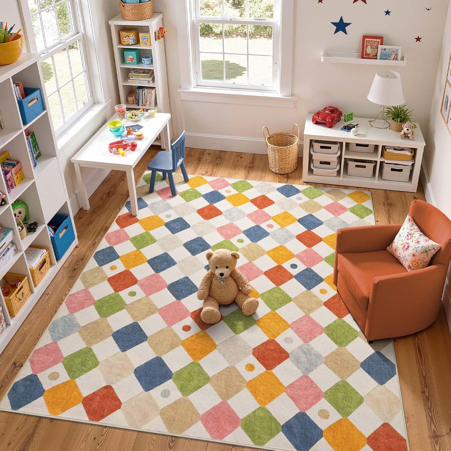 jinchan Macy Area Rug 8x10 Kids Washable Rug Indoor Floor Cover Non Slip Modern Soft Rug Playroom Diamond Carpet for Elementary School Classroom Nursery Daycare Living Room Bedroom Circus on Cream 8' x 10' (Rectangular) Diamond Circus